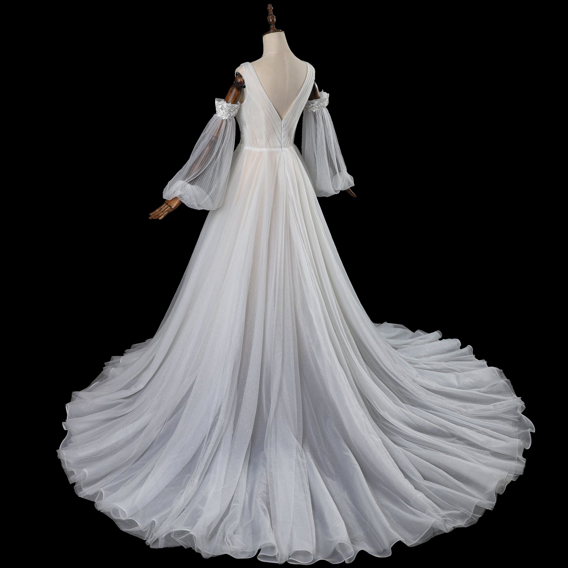 Glamorous Deep V-Neck Wedding Dress with Detachable Off-Shoulder Sleeves & Glitter Tulle Skirt SW708 Sheer Fairy