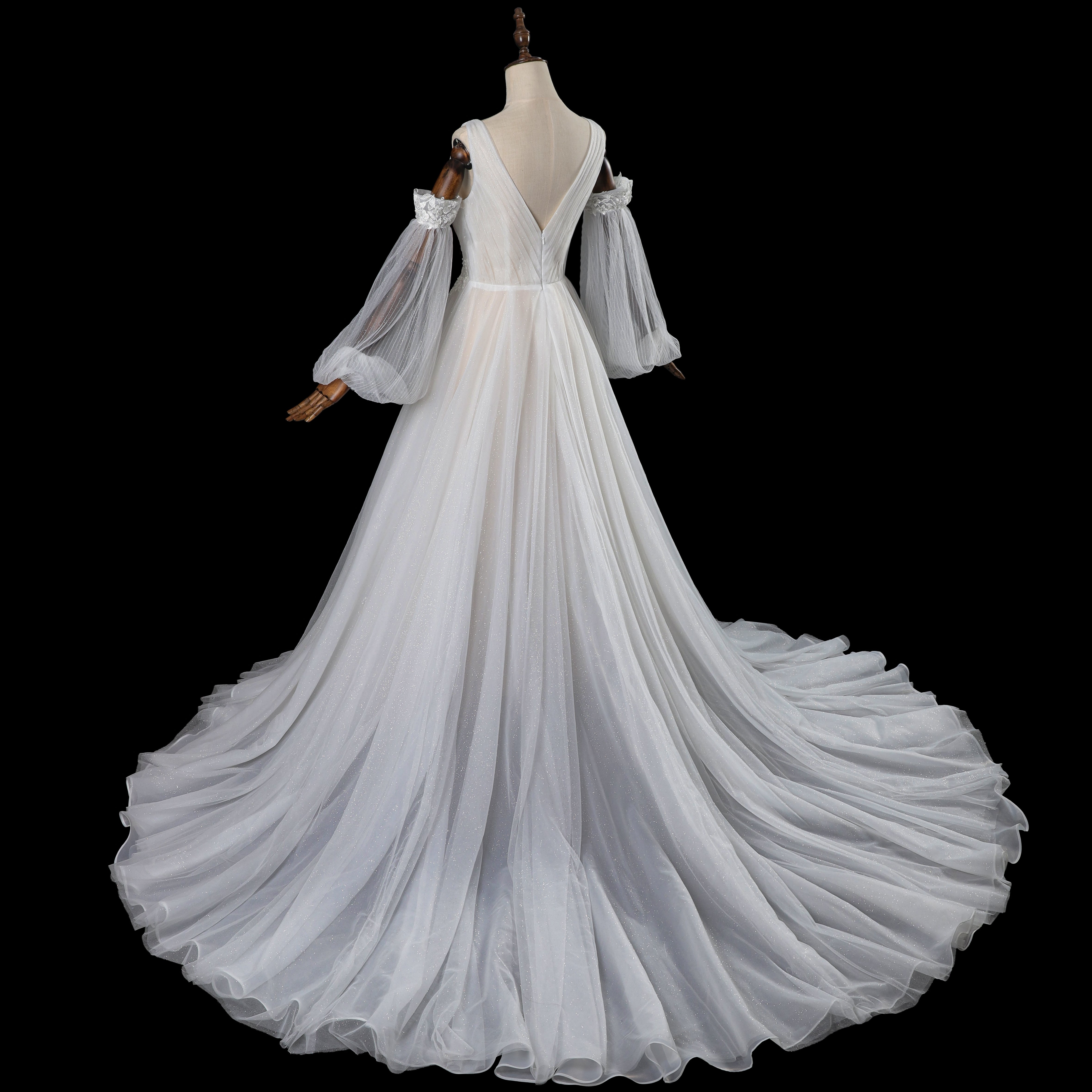 Glamorous Deep V-Neck Wedding Dress with Detachable Off-Shoulder Sleeves & Glitter Tulle Skirt SW708 Sheer Fairy