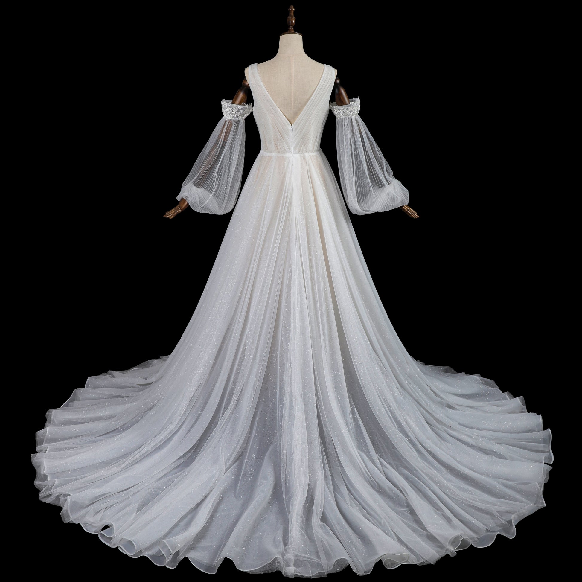 Glamorous Deep V-Neck Wedding Dress with Detachable Off-Shoulder Sleeves & Glitter Tulle Skirt SW708 Sheer Fairy