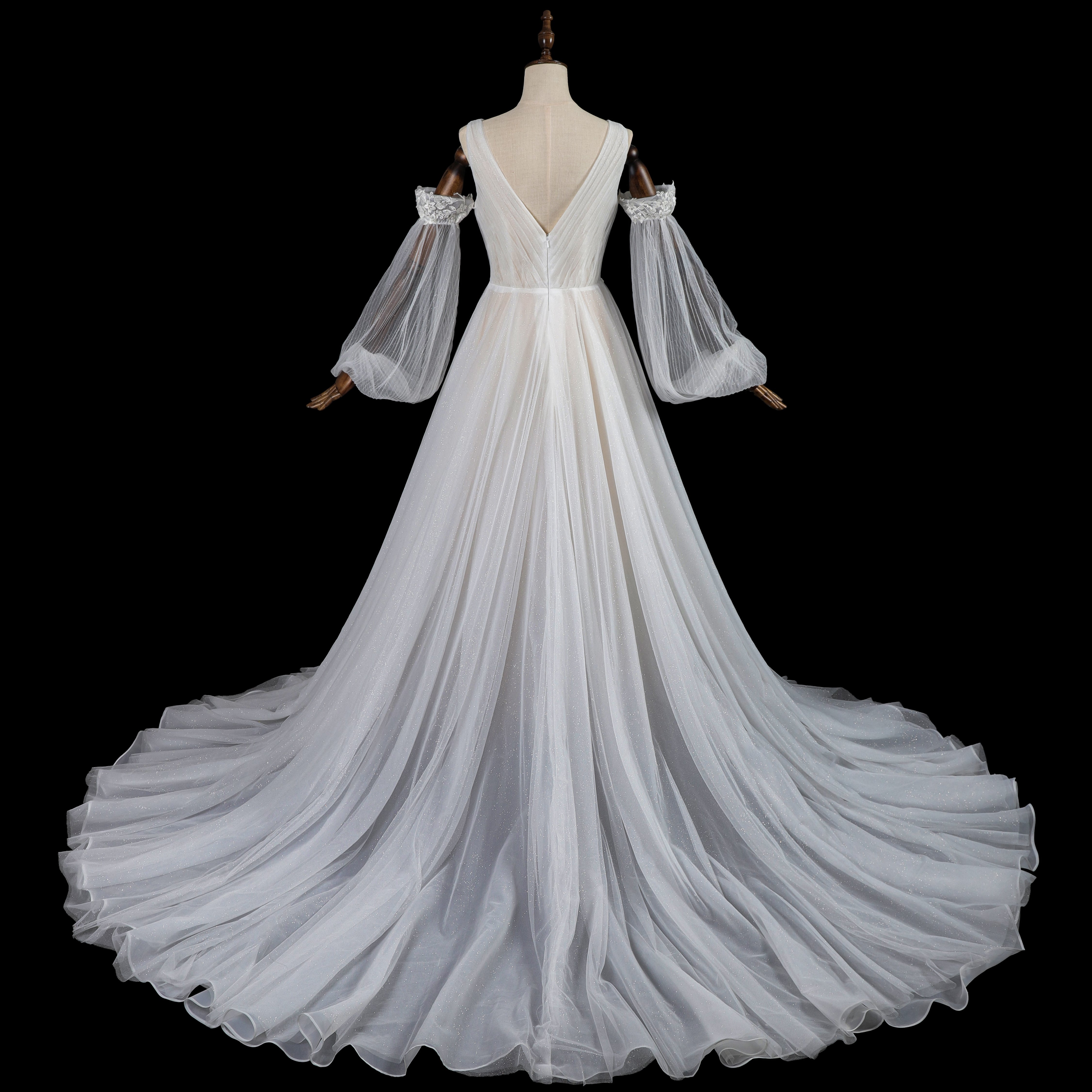 Glamorous Deep V-Neck Wedding Dress with Detachable Off-Shoulder Sleeves & Glitter Tulle Skirt SW708 Sheer Fairy