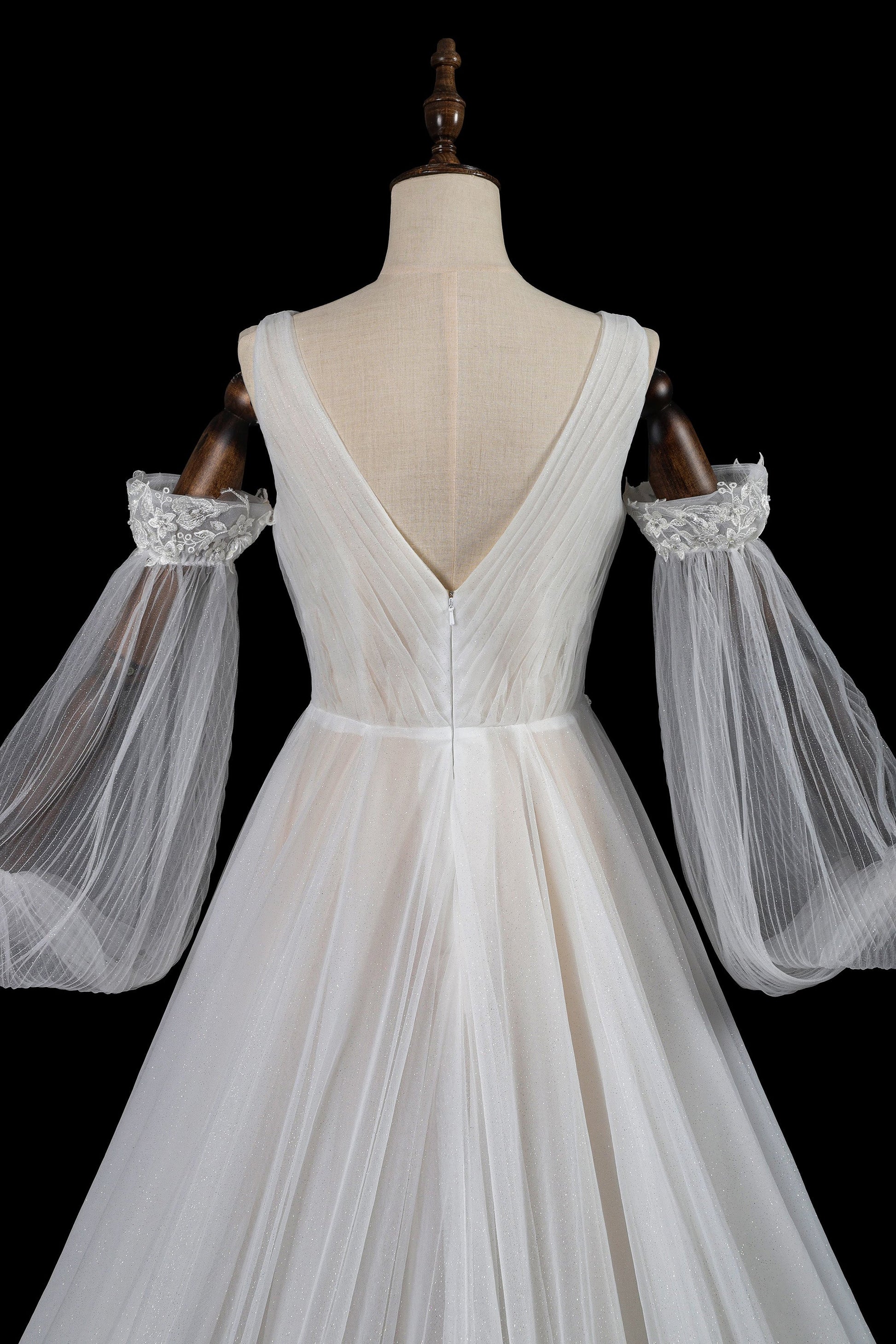 Glamorous Deep V-Neck Wedding Dress with Detachable Off-Shoulder Sleeves & Glitter Tulle Skirt SW708 Sheer Fairy