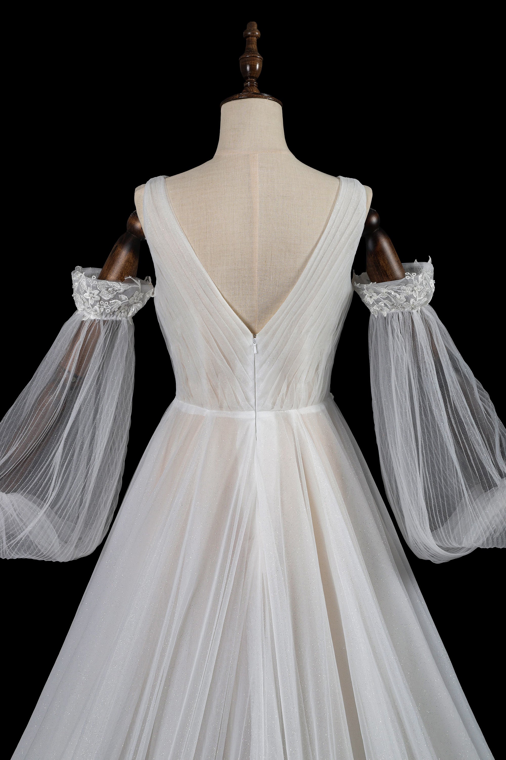 Glamorous Deep V-Neck Wedding Dress with Detachable Off-Shoulder Sleeves & Glitter Tulle Skirt SW708 Sheer Fairy