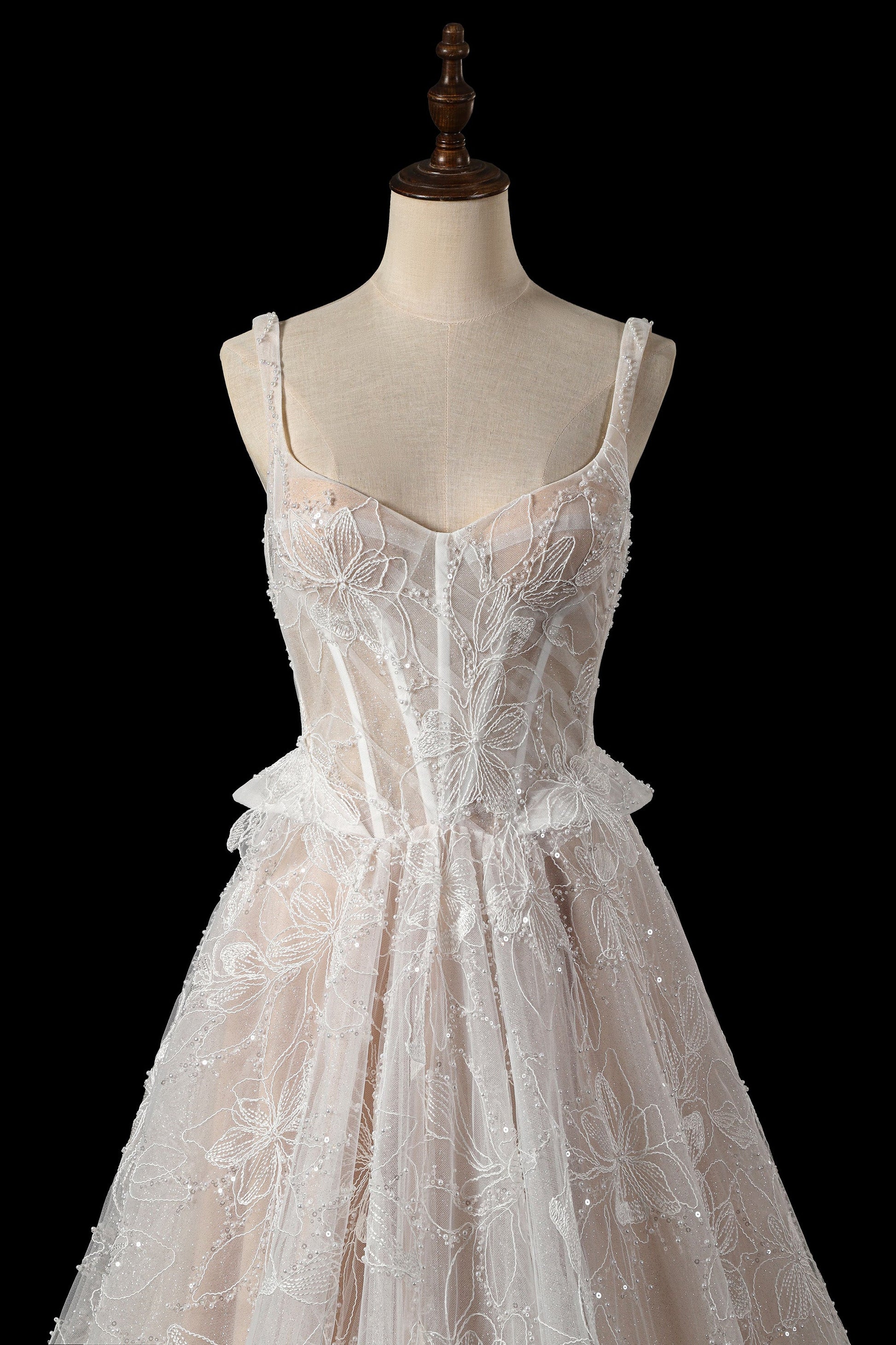Elegant Beaded Lace Wedding Dress with Peplum Waist, Corset Back & Cathedral Train  SW706 Sheer Fairy