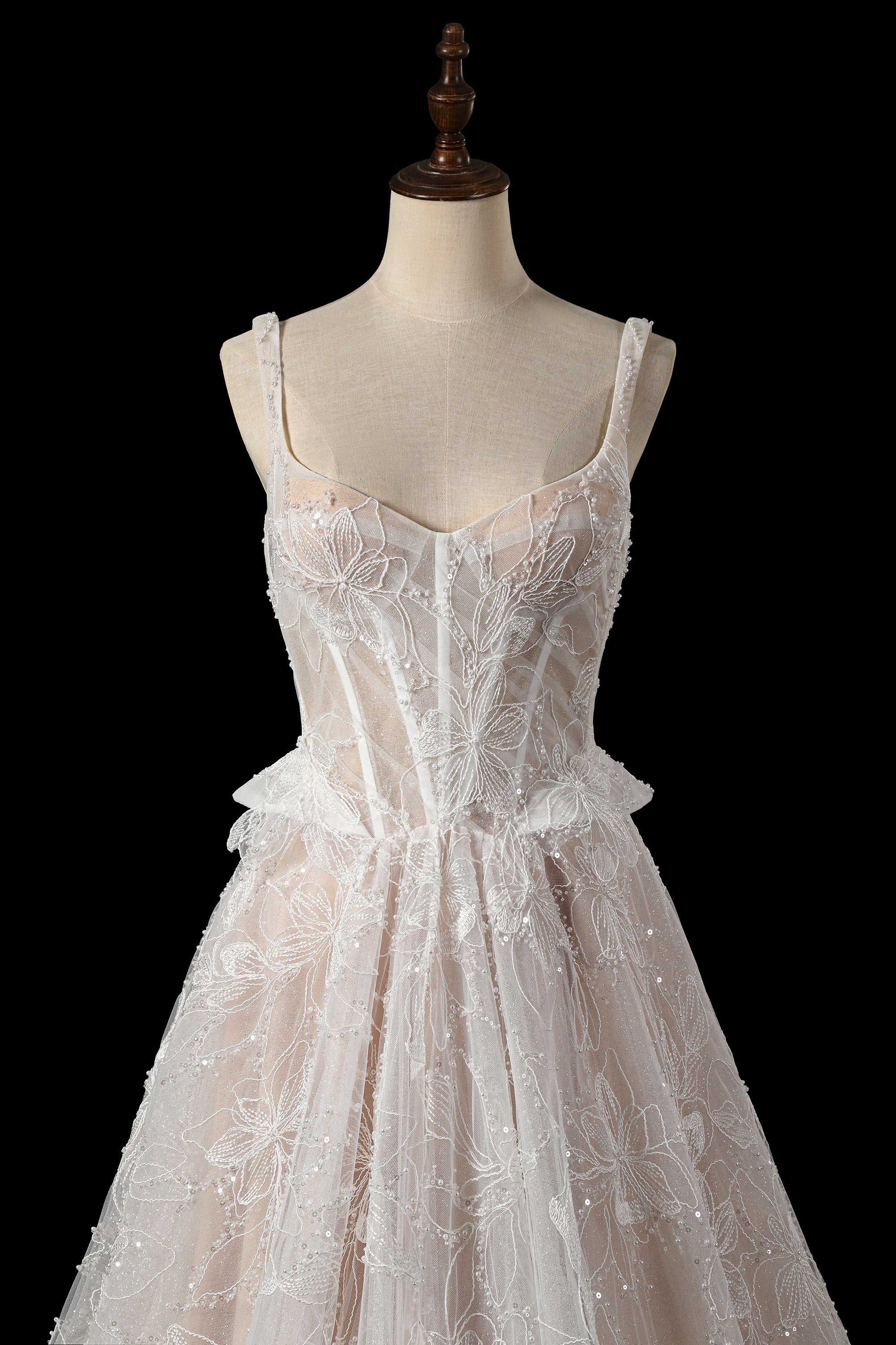 Elegant Beaded Lace Wedding Dress with Peplum Waist, Corset Back & Cathedral Train  SW706 Sheer Fairy