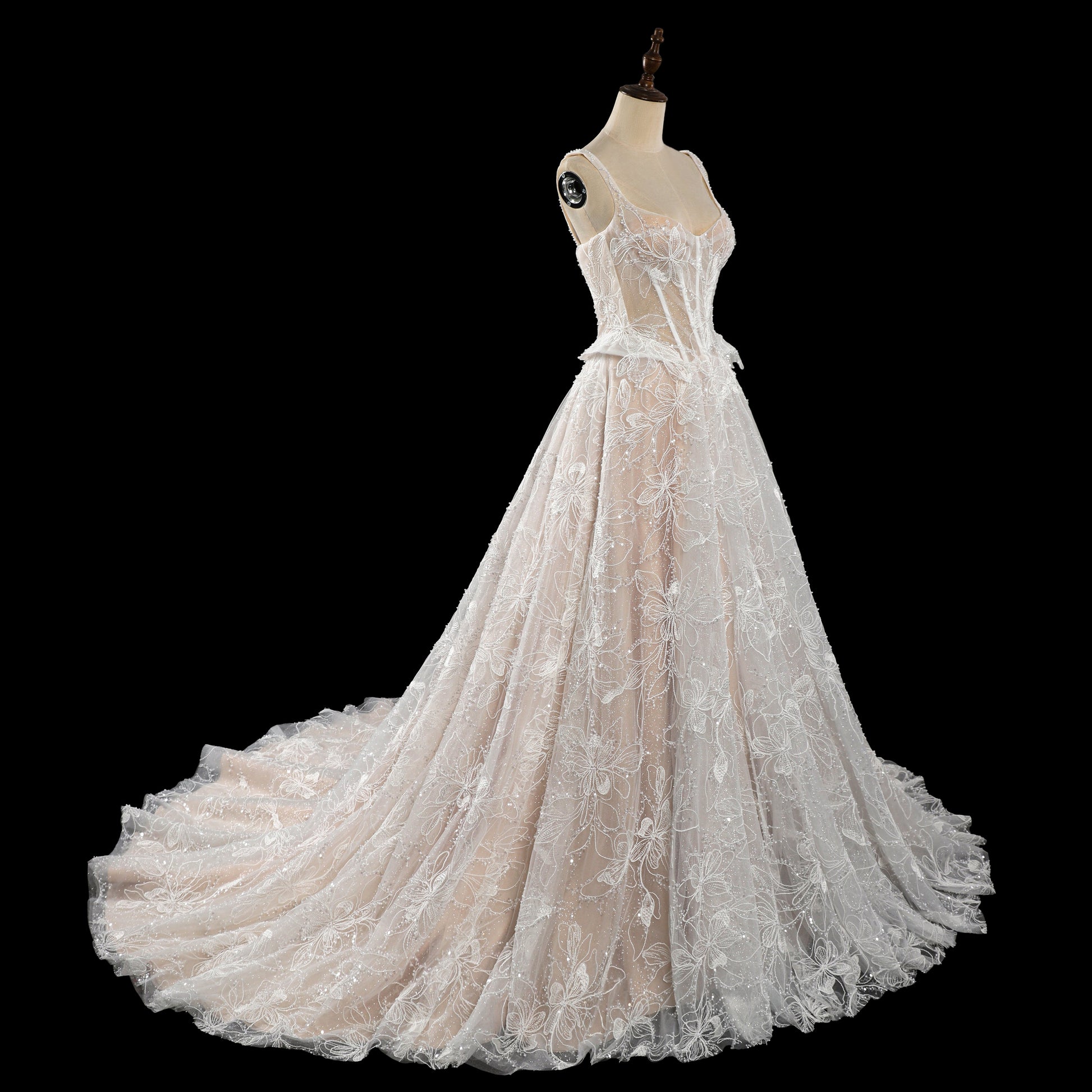 Elegant Beaded Lace Wedding Dress with Peplum Waist, Corset Back & Cathedral Train  SW706 Sheer Fairy