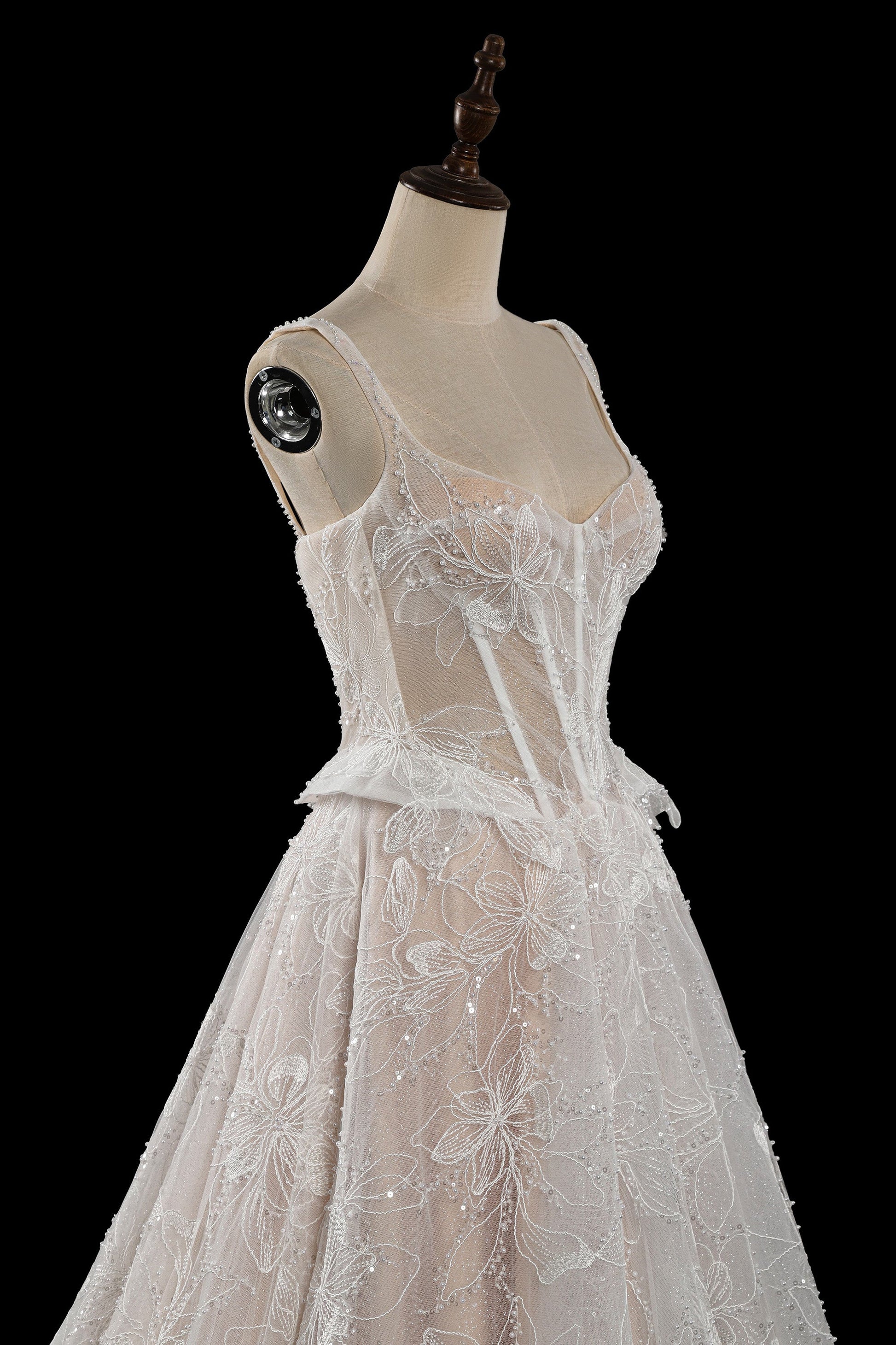 Elegant Beaded Lace Wedding Dress with Peplum Waist, Corset Back & Cathedral Train  SW706 Sheer Fairy