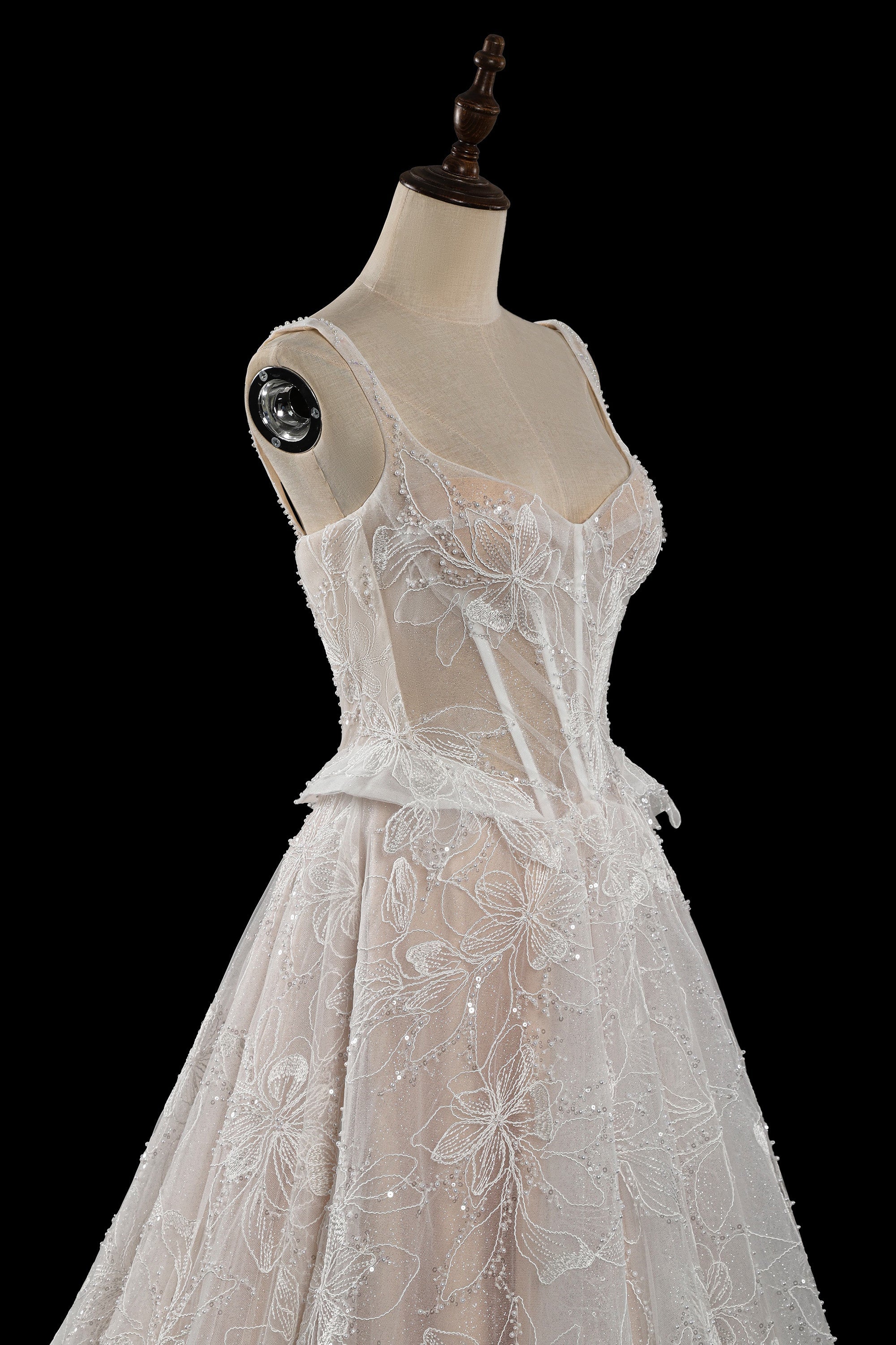 Elegant Beaded Lace Wedding Dress with Peplum Waist, Corset Back & Cathedral Train  SW706 Sheer Fairy