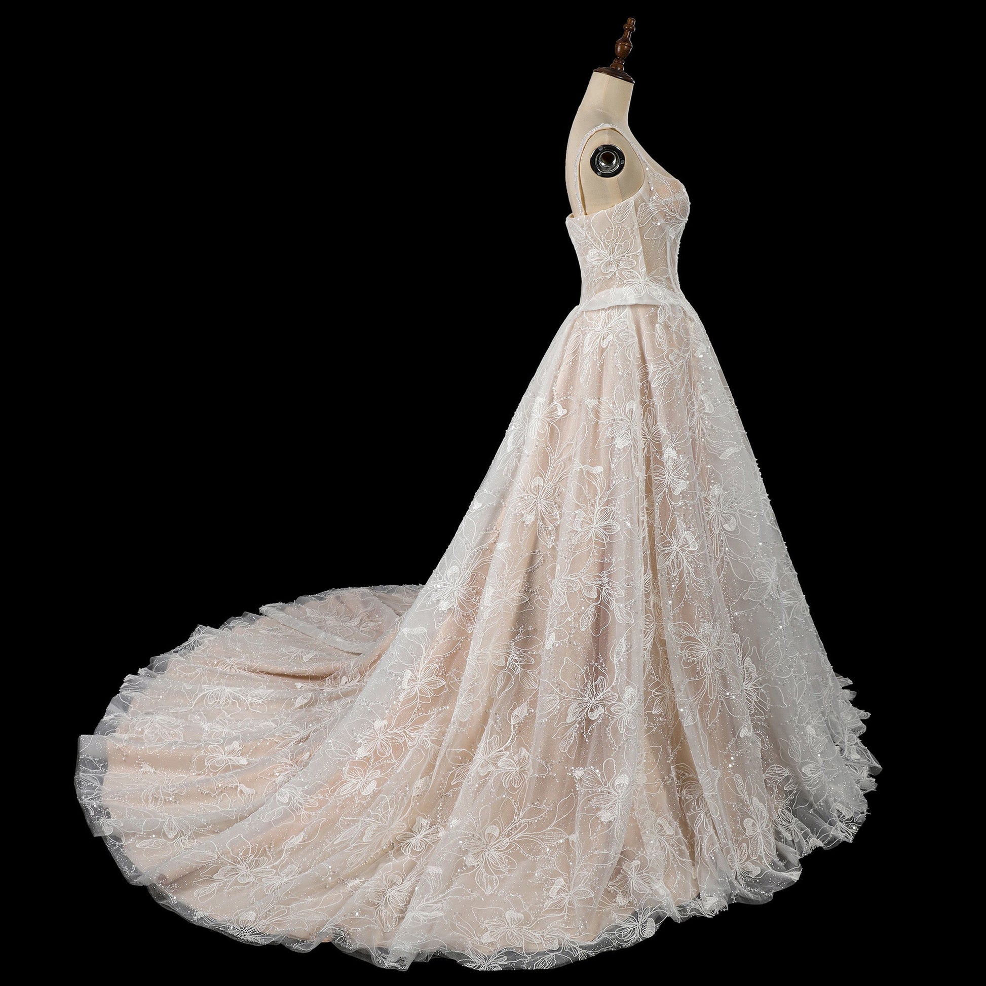 Elegant Beaded Lace Wedding Dress with Peplum Waist, Corset Back & Cathedral Train  SW706 Sheer Fairy