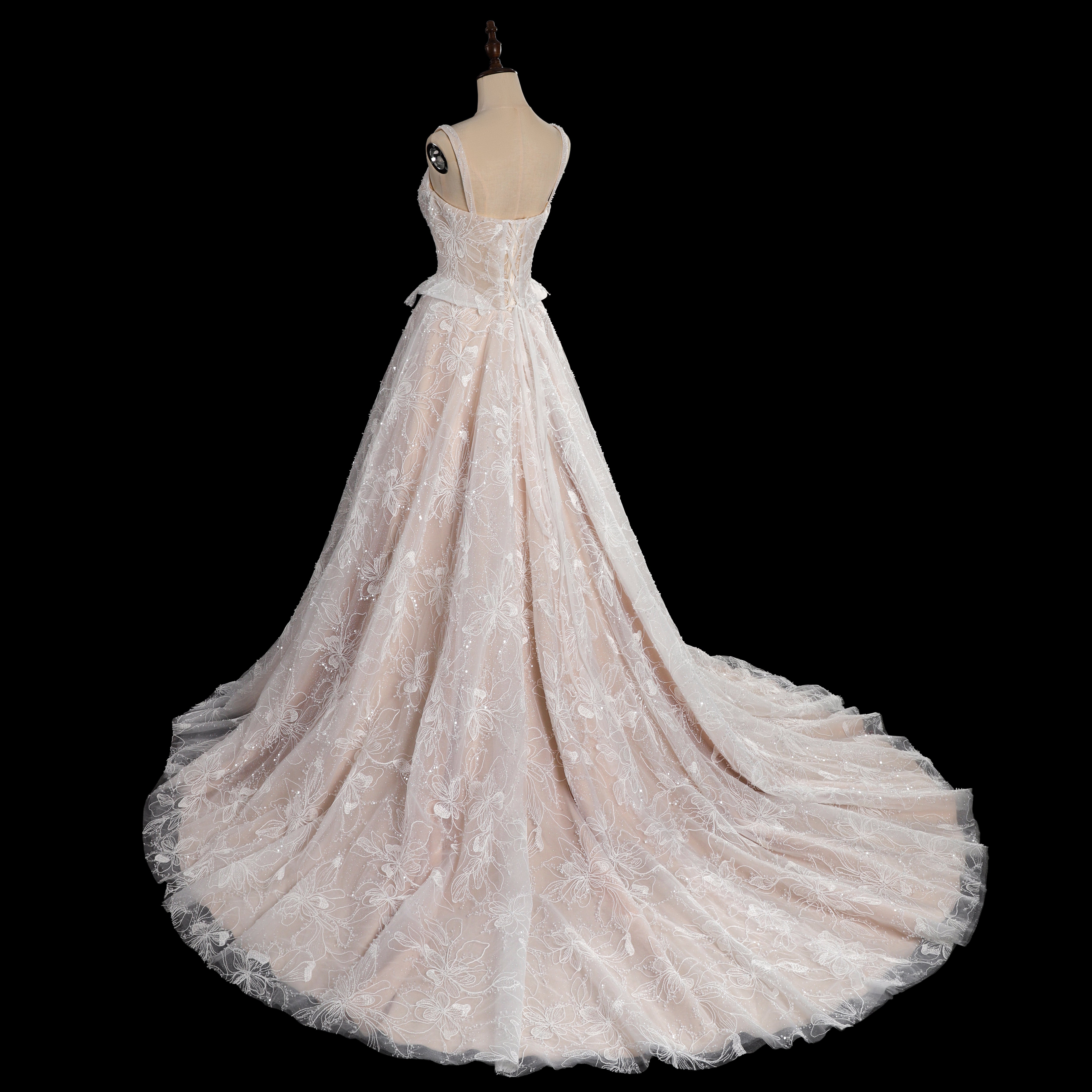 Elegant Beaded Lace Wedding Dress with Peplum Waist, Corset Back & Cathedral Train  SW706 Sheer Fairy