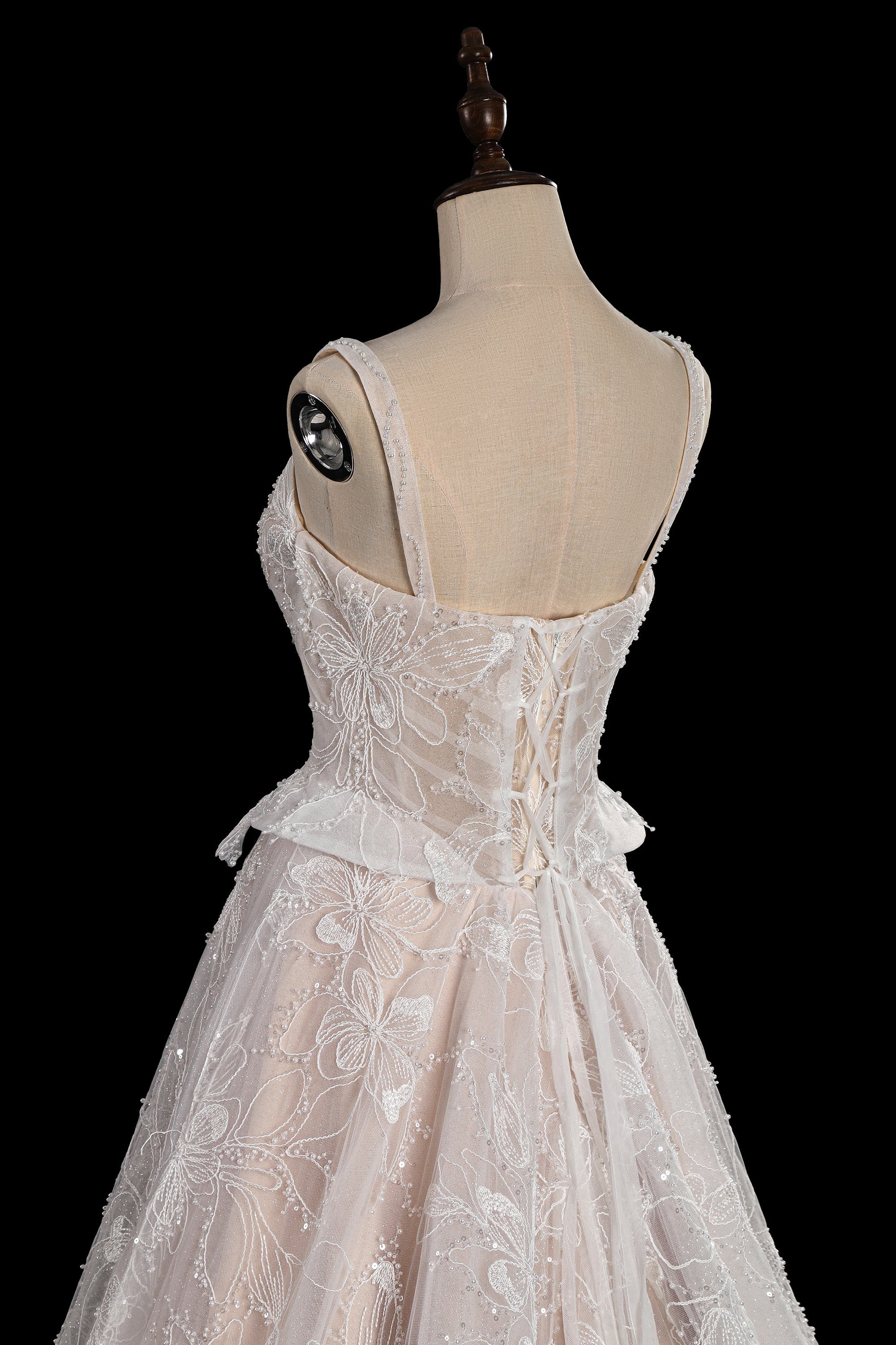 Elegant Beaded Lace Wedding Dress with Peplum Waist, Corset Back & Cathedral Train  SW706 Sheer Fairy