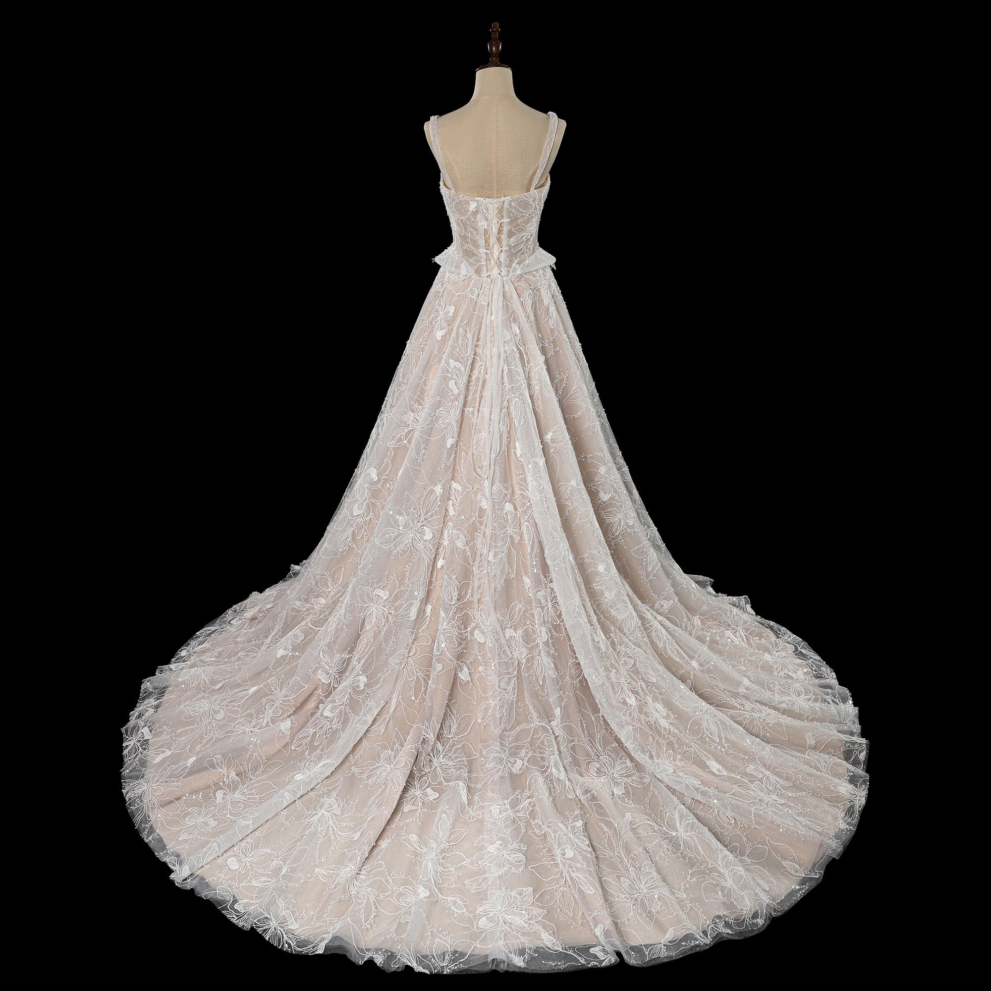 Elegant Beaded Lace Wedding Dress with Peplum Waist, Corset Back & Cathedral Train  SW706 Sheer Fairy