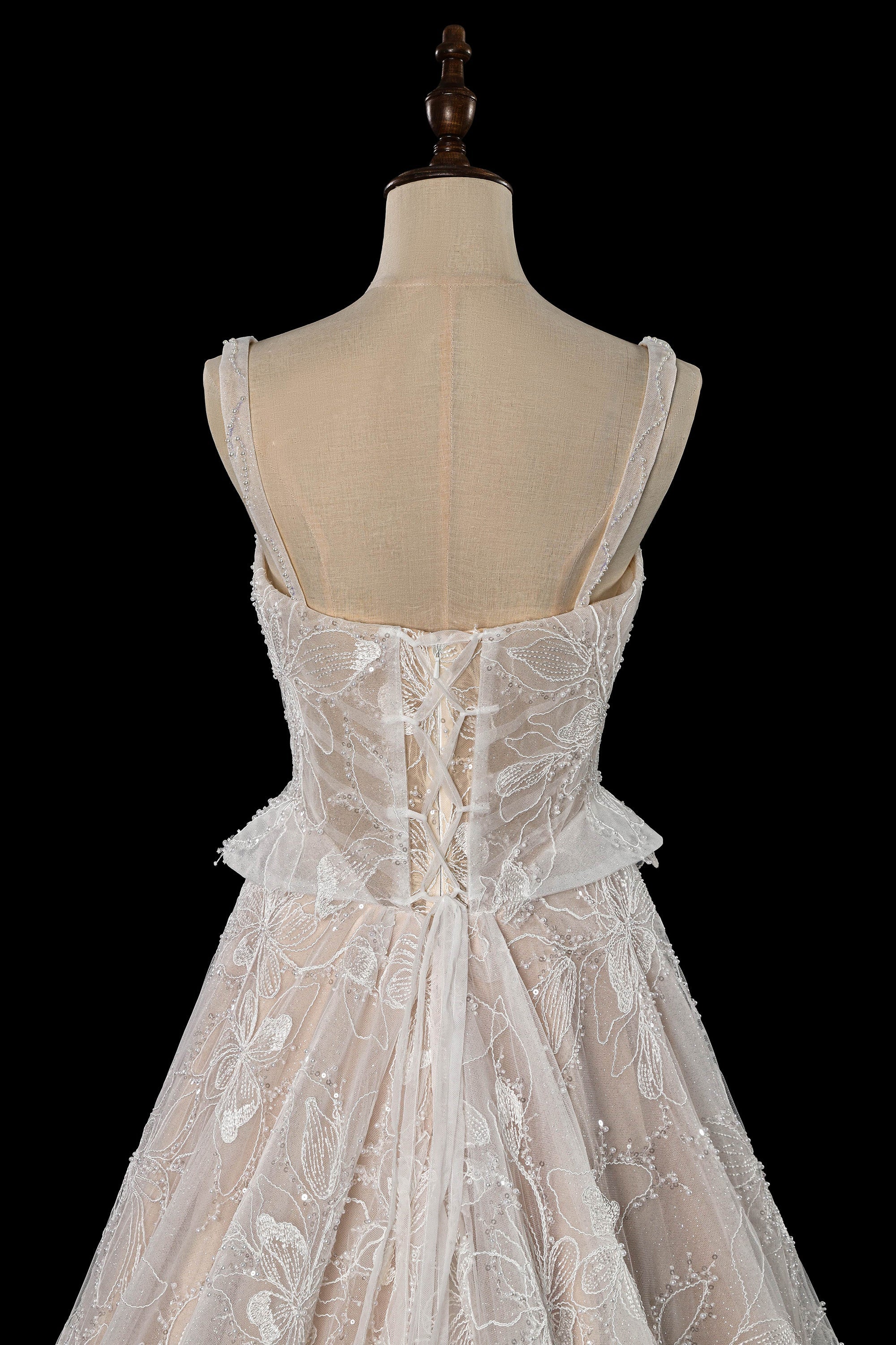 Elegant Beaded Lace Wedding Dress with Peplum Waist, Corset Back & Cathedral Train  SW706 Sheer Fairy