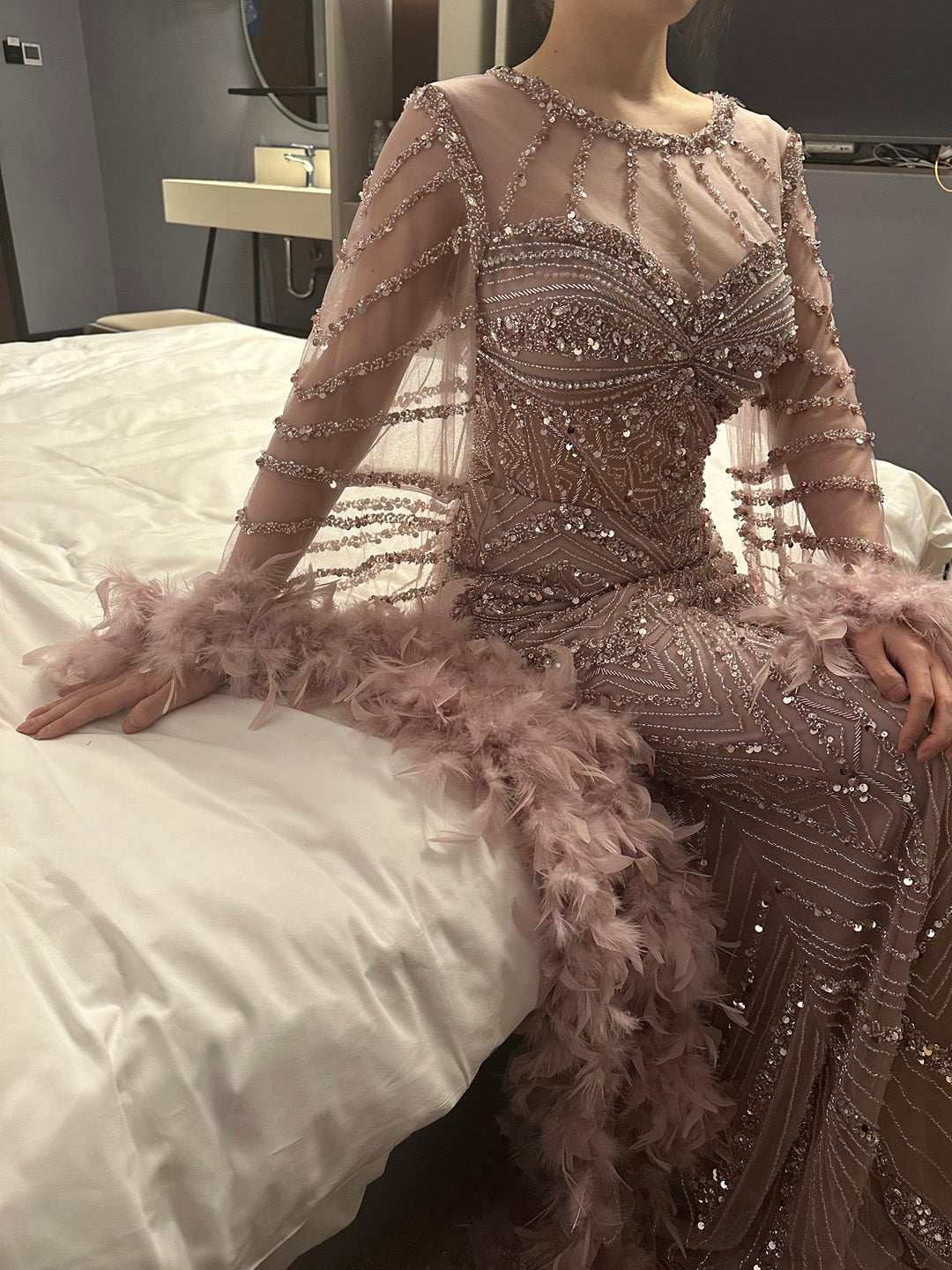 Luxury Pink Feather Cape Beaded Mermaid Evening Dress SS082 Sheer Fairy