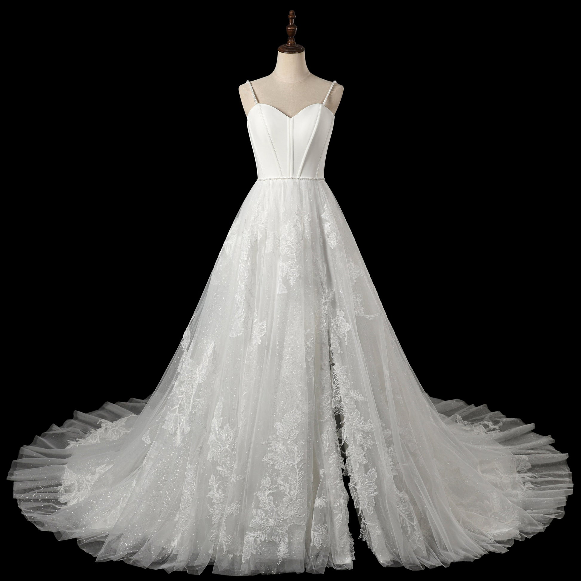 Elegant Corset Bodice A-Line Wedding Dress with Floral Lace Appliques & Cathedral Train SW705 Sheer Fairy