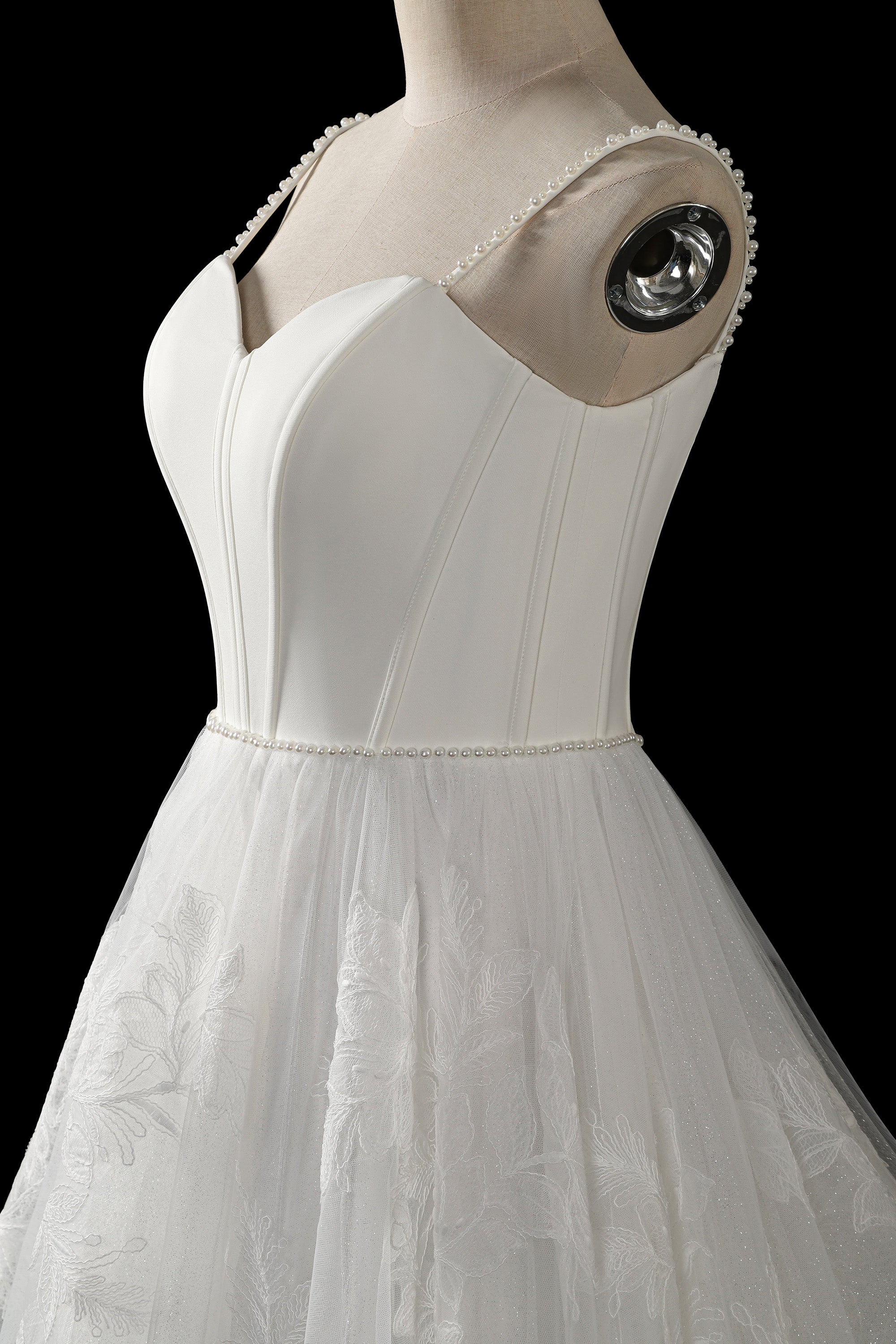 Elegant Corset Bodice A-Line Wedding Dress with Floral Lace Appliques & Cathedral Train SW705 Sheer Fairy