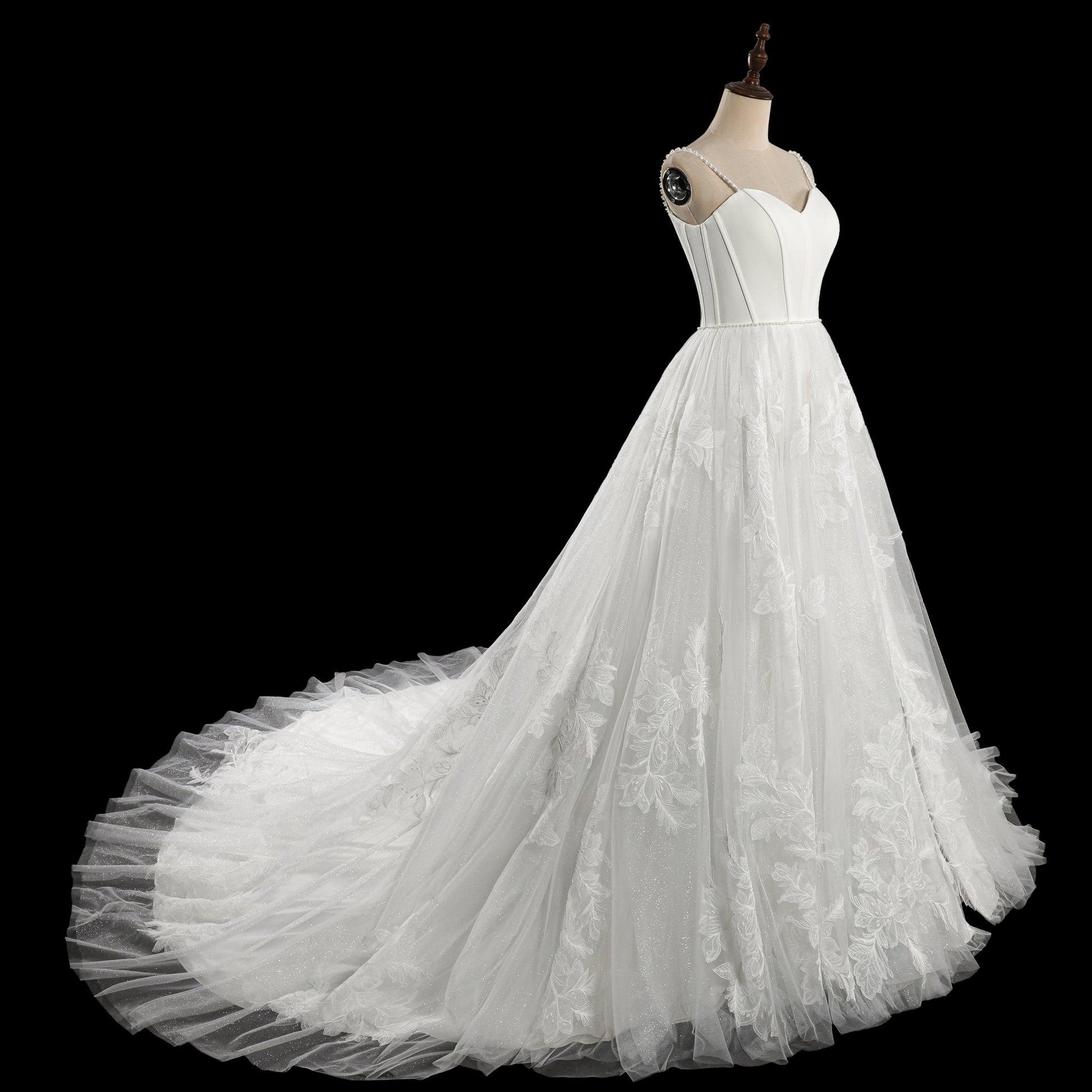 Elegant Corset Bodice A-Line Wedding Dress with Floral Lace Appliques & Cathedral Train SW705 Sheer Fairy