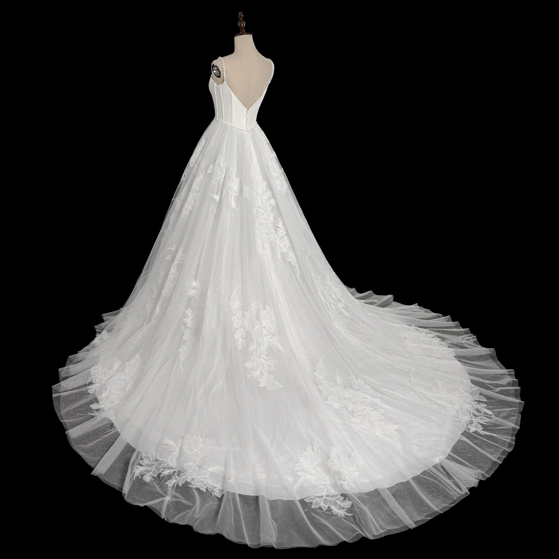 Elegant Corset Bodice A-Line Wedding Dress with Floral Lace Appliques & Cathedral Train SW705 Sheer Fairy
