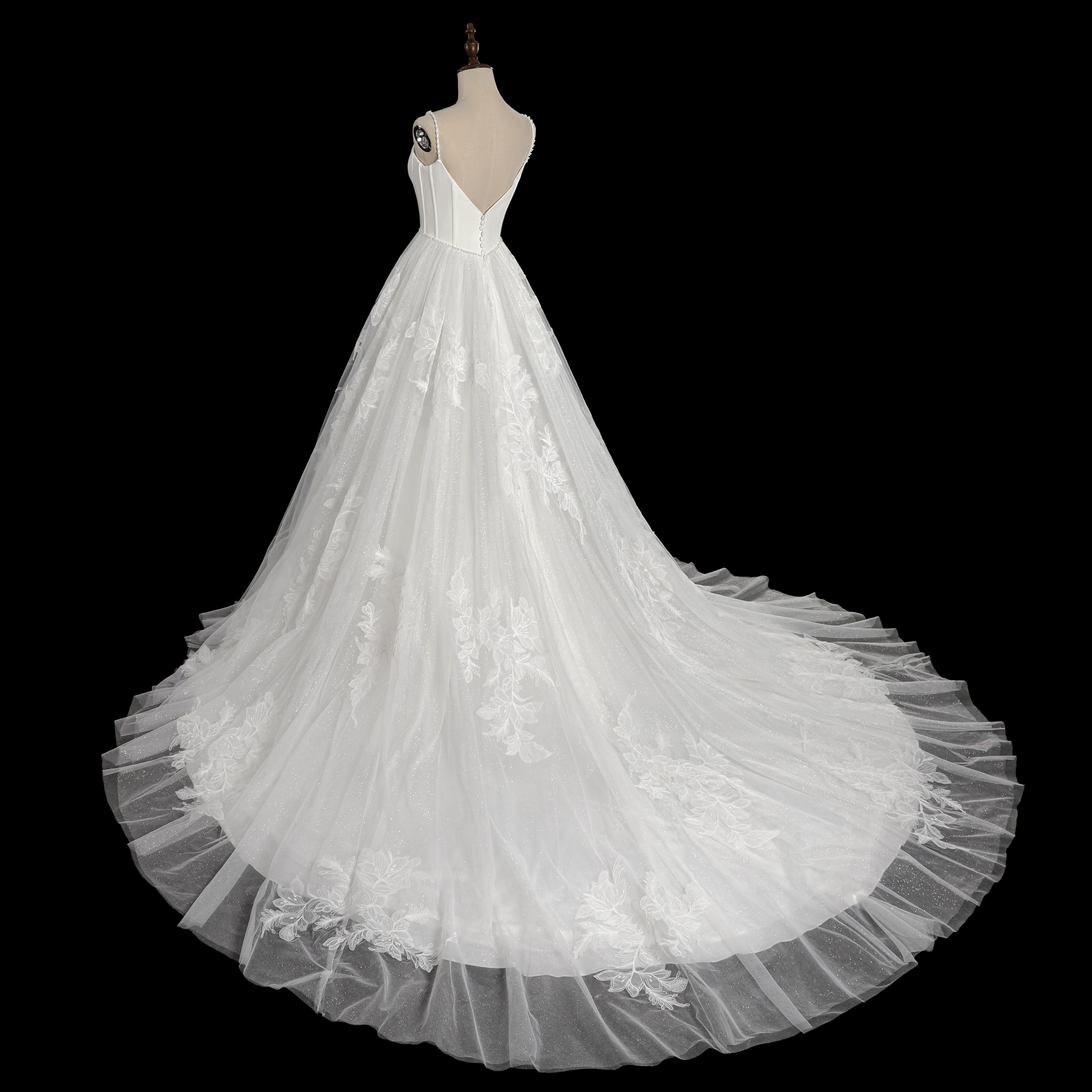 Elegant Corset Bodice A-Line Wedding Dress with Floral Lace Appliques & Cathedral Train SW705 Sheer Fairy