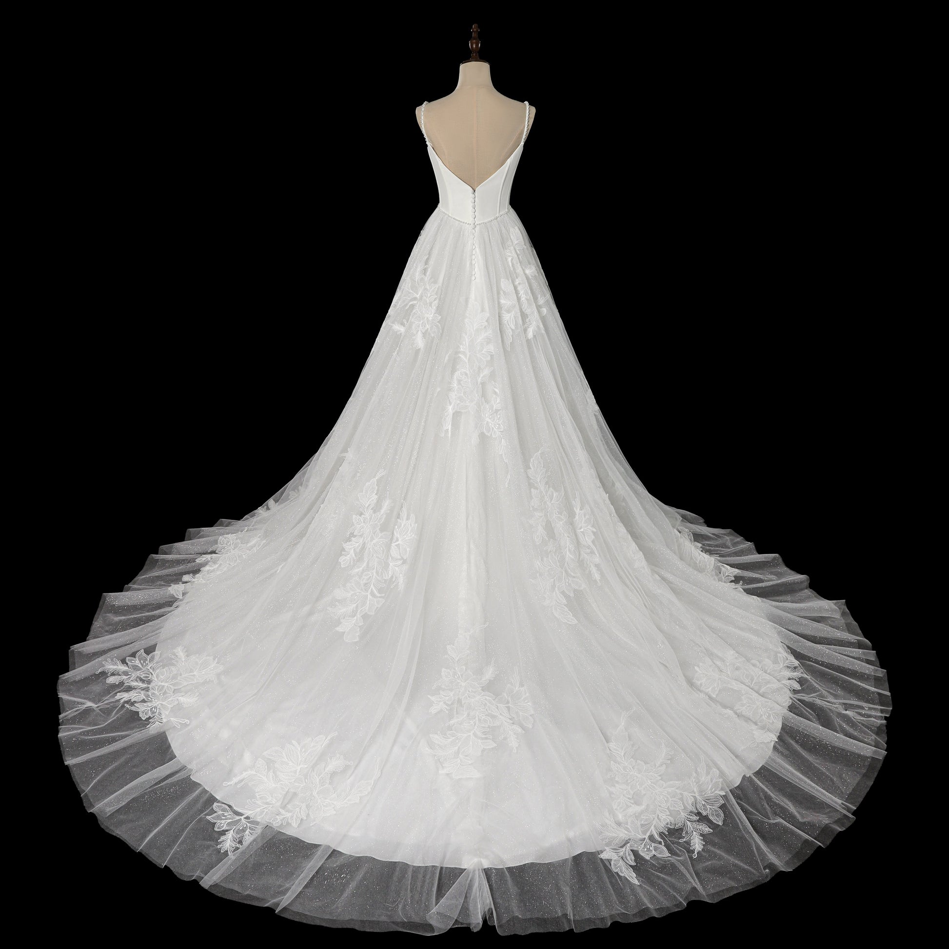 Elegant Corset Bodice A-Line Wedding Dress with Floral Lace Appliques & Cathedral Train SW705 Sheer Fairy