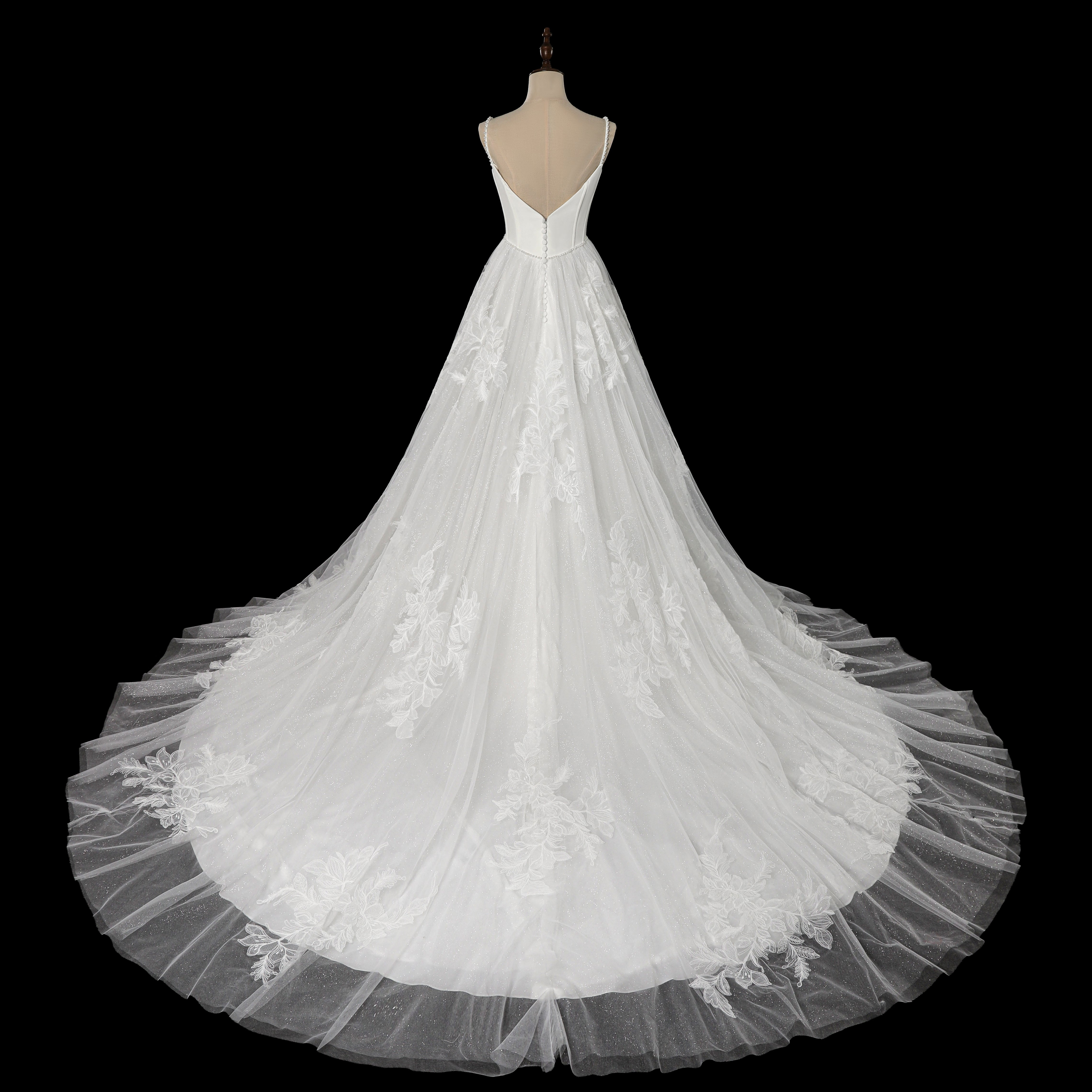 Elegant Corset Bodice A-Line Wedding Dress with Floral Lace Appliques & Cathedral Train SW705 Sheer Fairy