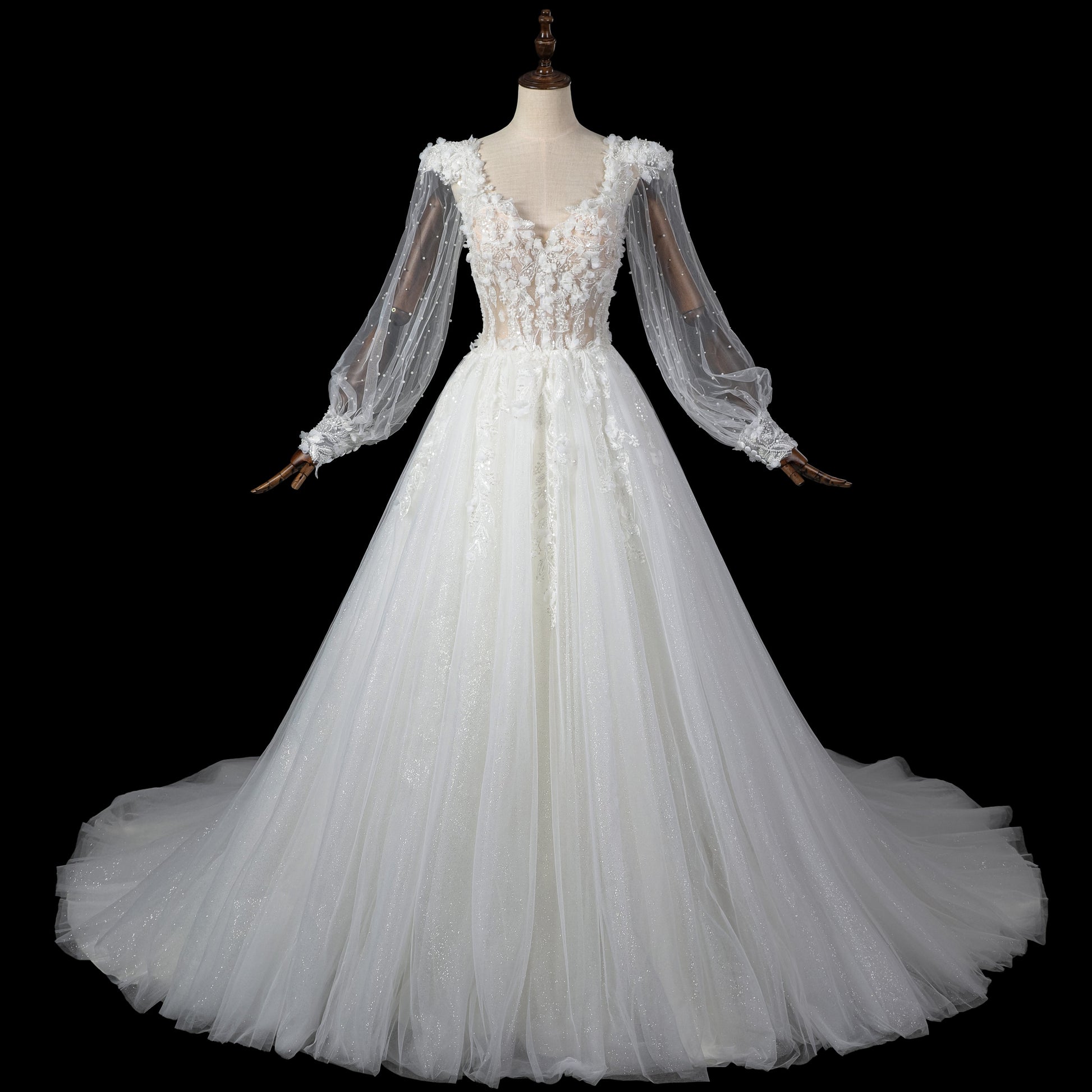 Luxury Lace Applique A-Line Wedding Dress with Puff Bishop Sleeve SW716 Sheer Fairy