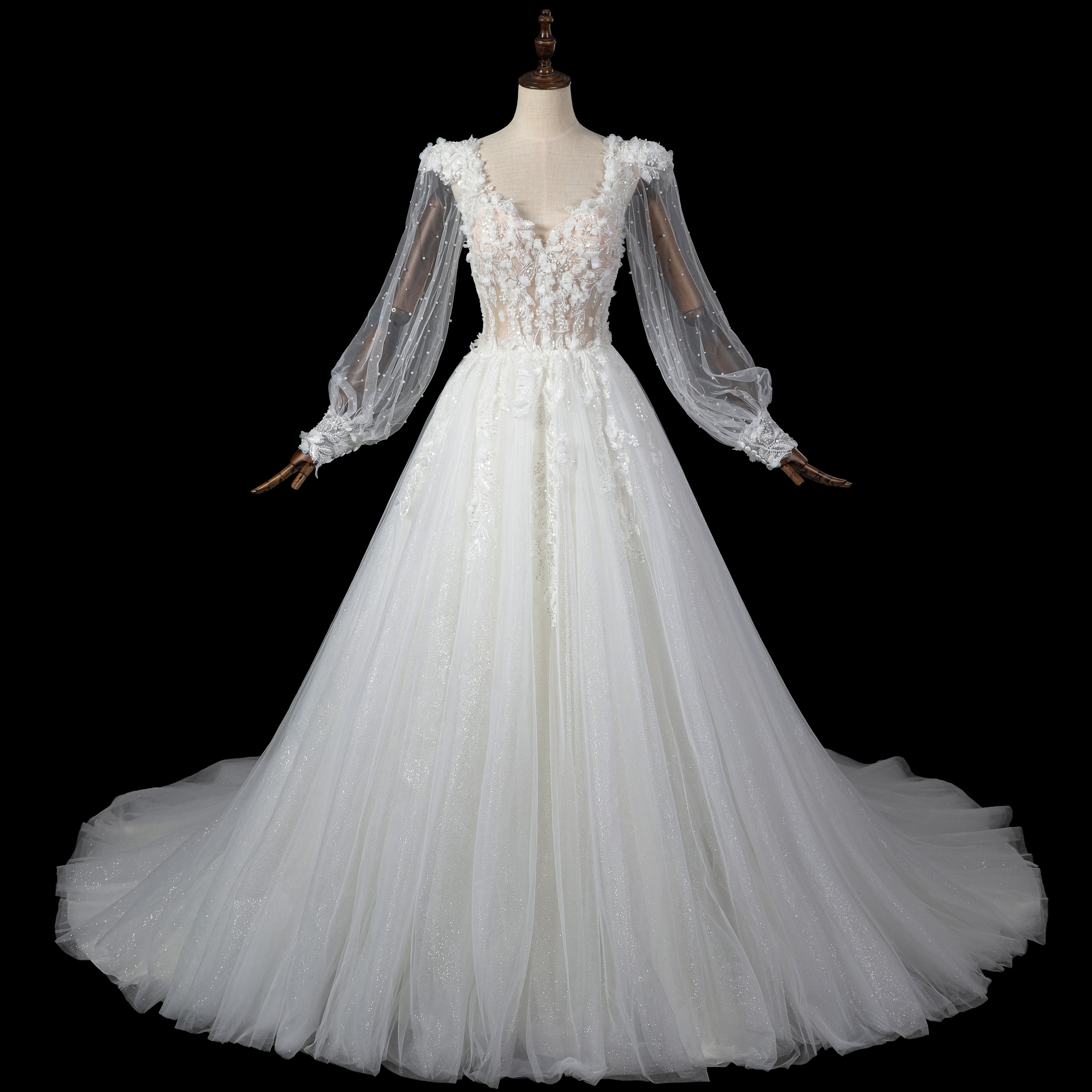 Luxury Lace Applique A-Line Wedding Dress with Puff Bishop Sleeve SW716 Sheer Fairy