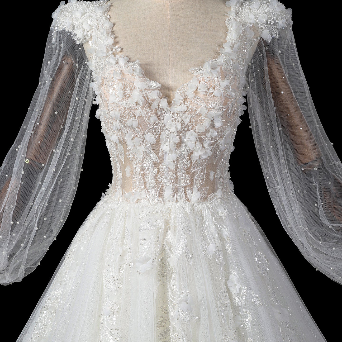 Luxury Lace Applique A-Line Wedding Dress with Puff Bishop Sleeve SW716 Sheer Fairy