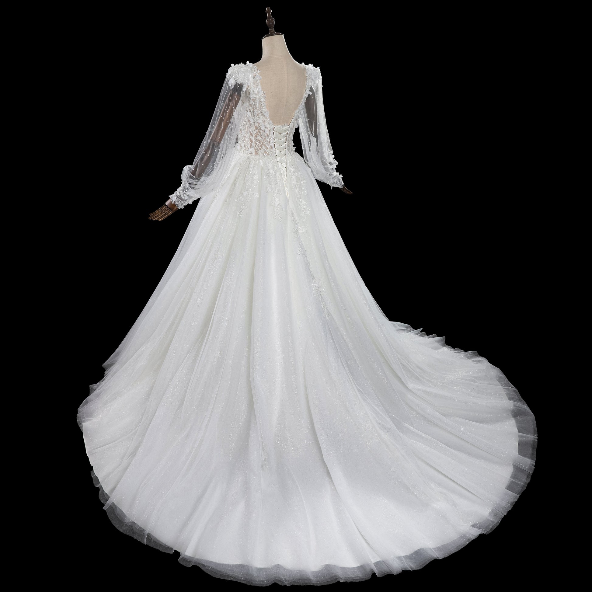 Luxury Lace Applique A-Line Wedding Dress with Puff Bishop Sleeve SW716 Sheer Fairy