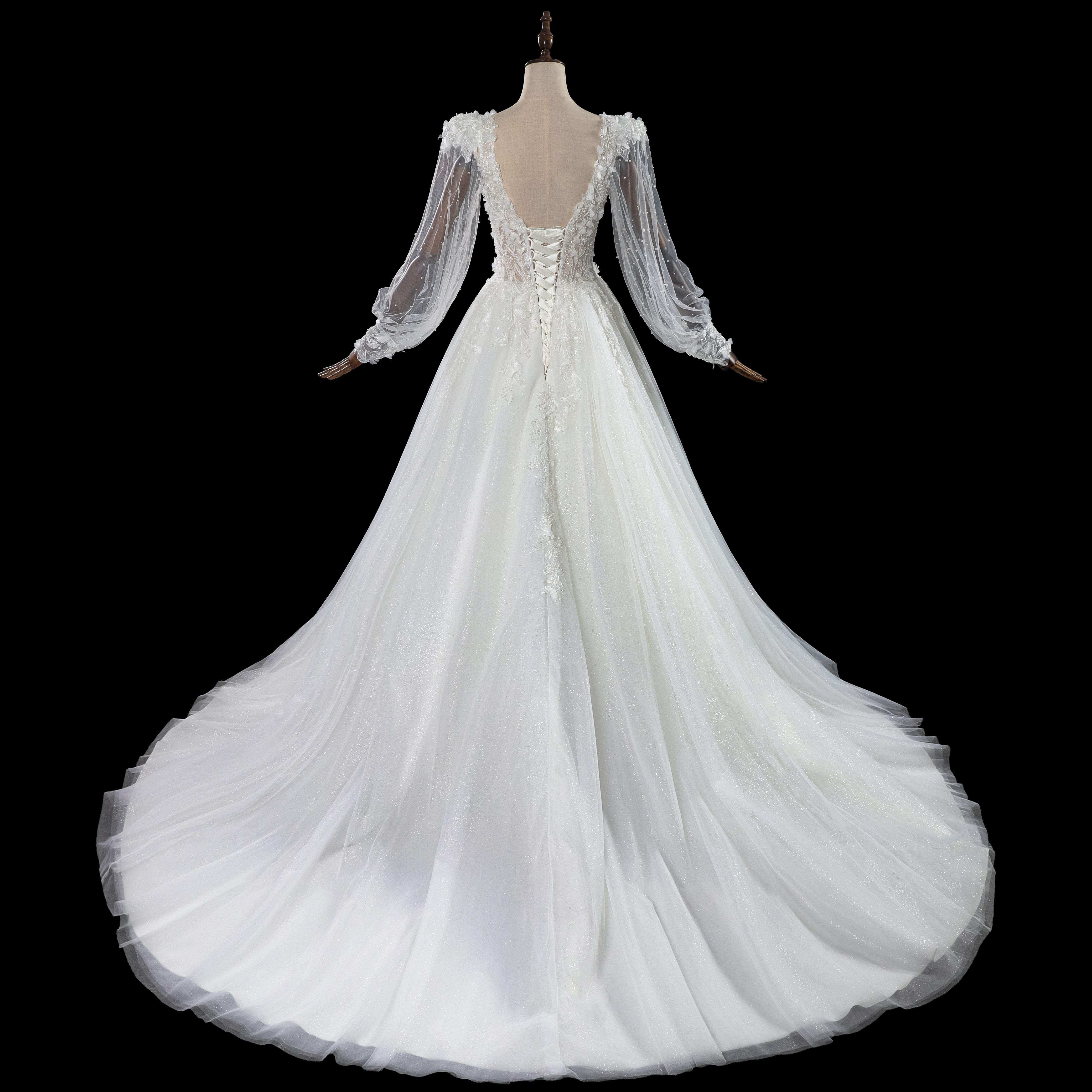 Luxury Lace Applique A-Line Wedding Dress with Puff Bishop Sleeve SW716 Sheer Fairy