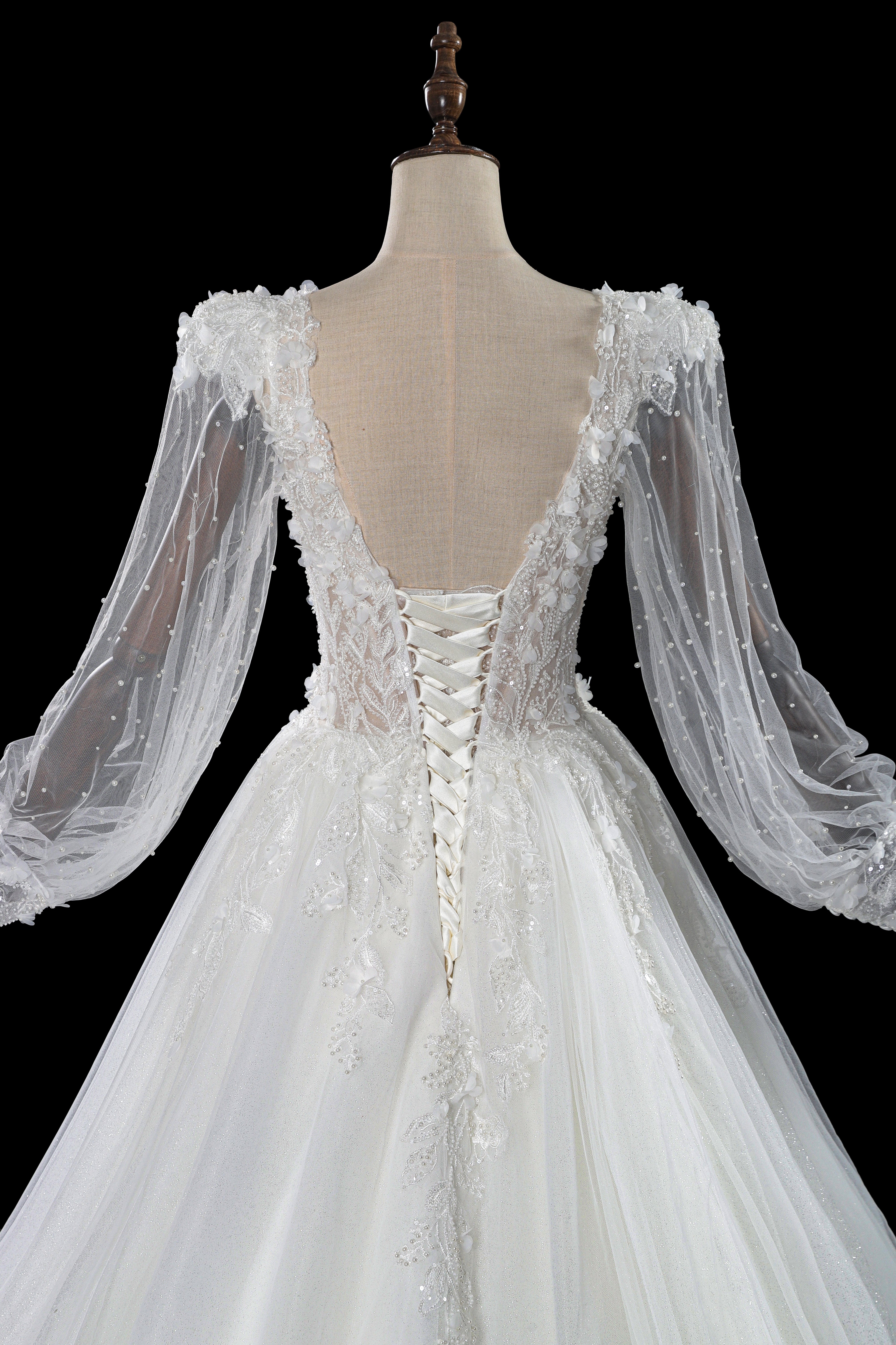 Luxury Lace Applique A-Line Wedding Dress with Puff Bishop Sleeve SW716 Sheer Fairy