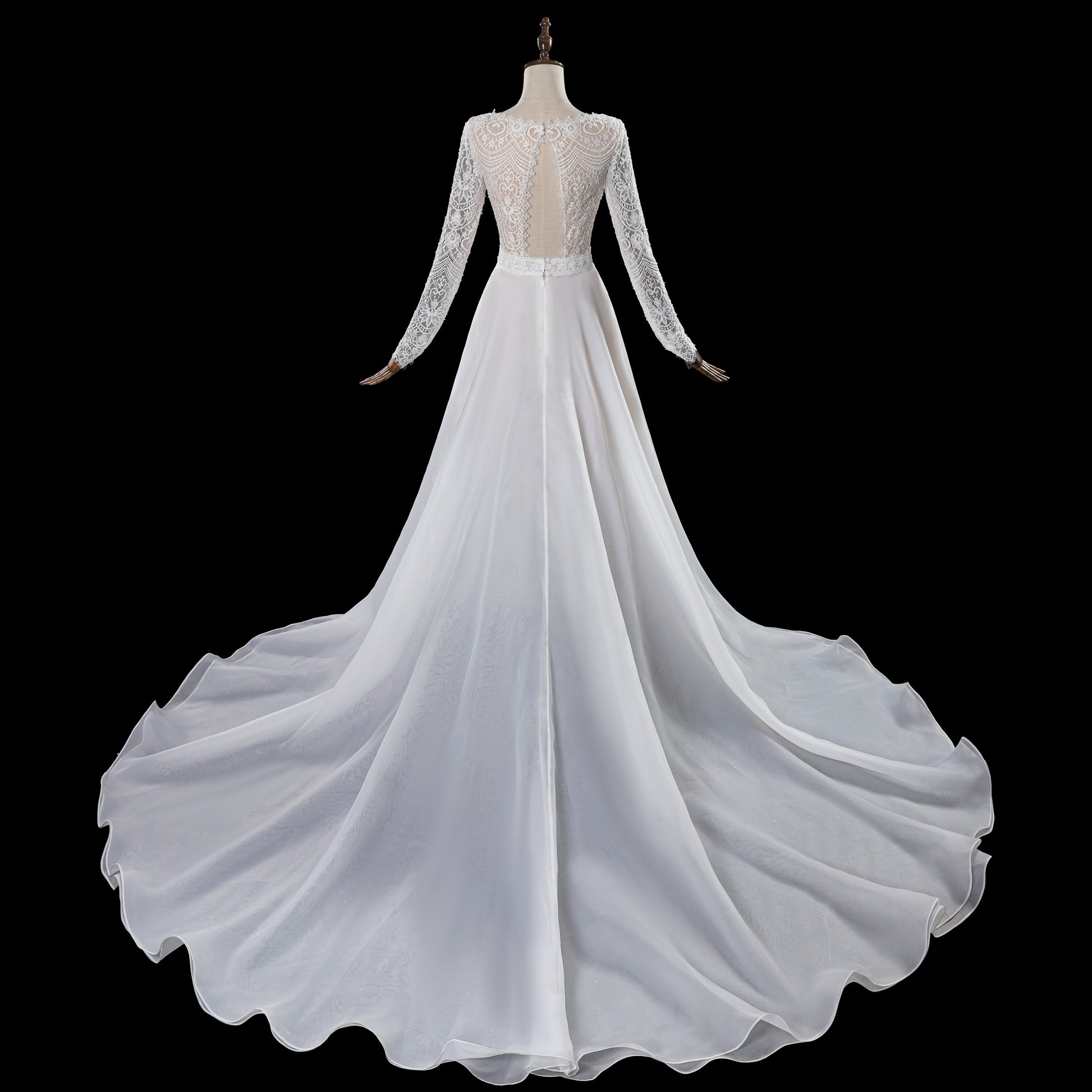 Dreamy Lace Bodice Chiffon Wedding Dress with Open Keyhole Back SW714 Sheer Fairy