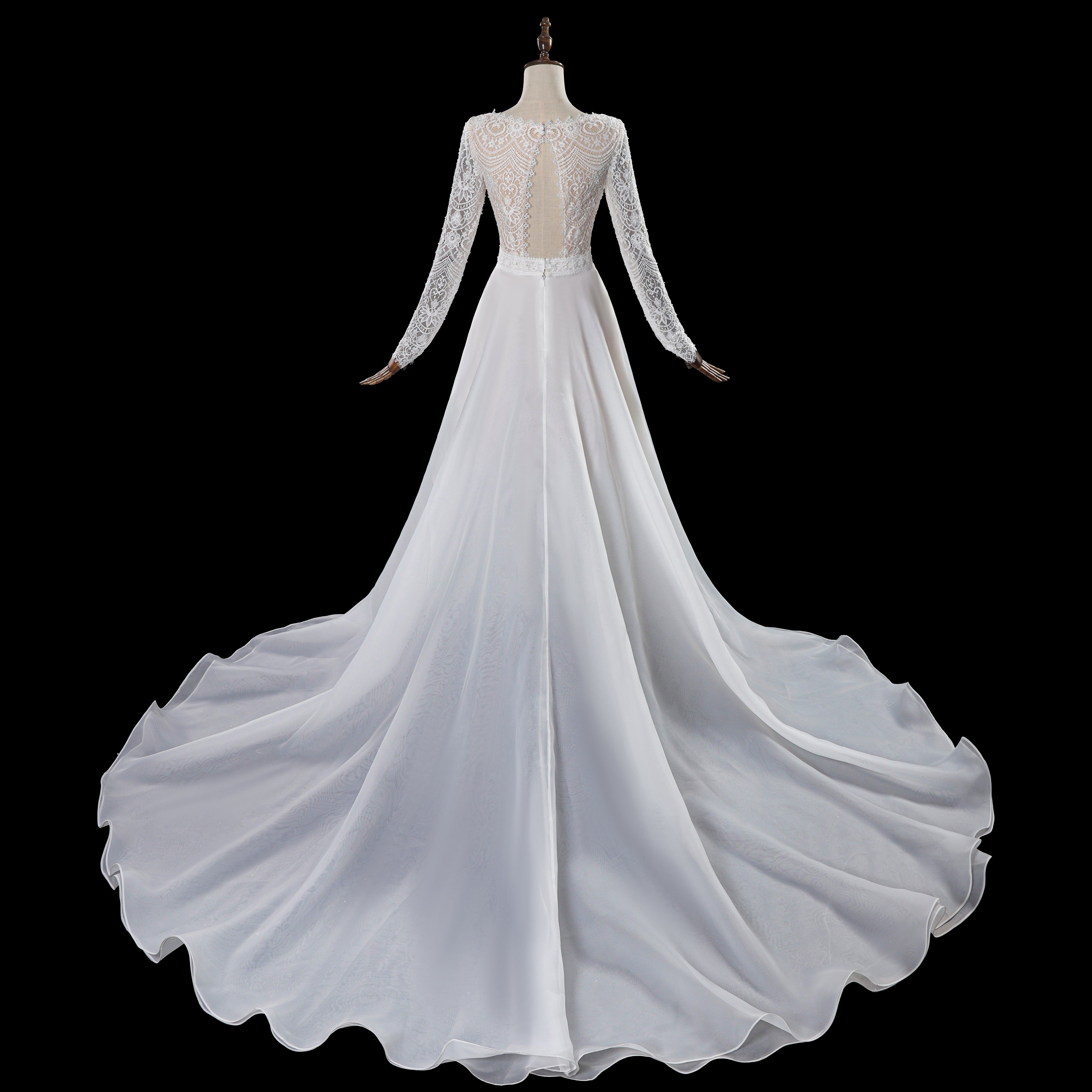 Dreamy Lace Bodice Chiffon Wedding Dress with Open Keyhole Back SW714 Sheer Fairy
