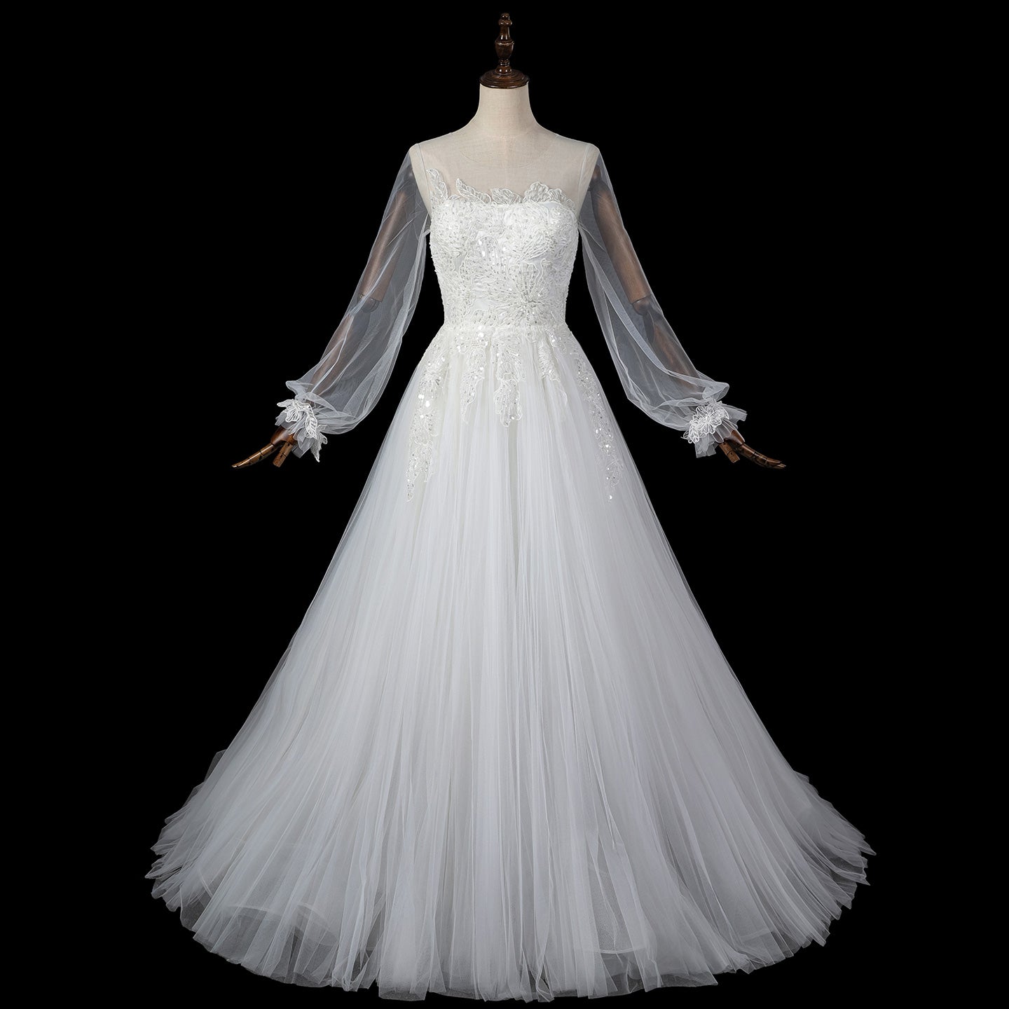 Luxury Illusion Neck Tulle Wedding Dress with Long Puff Sleeves and Lace Details SW713 Sheer Fairy