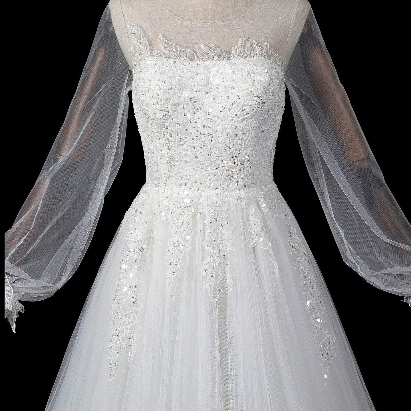Luxury Illusion Neck Tulle Wedding Dress with Long Puff Sleeves and Lace Details SW713 Sheer Fairy
