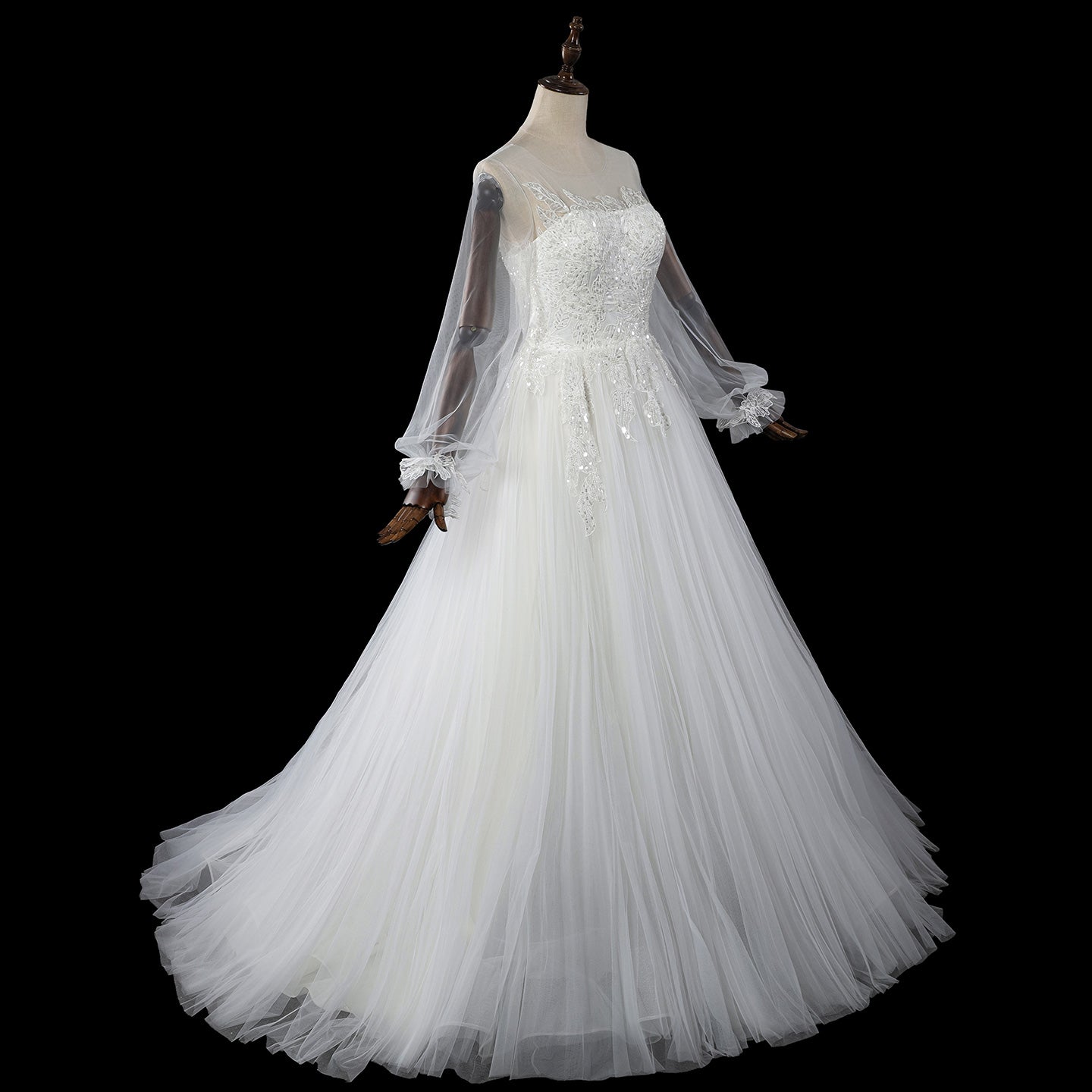 Luxury Illusion Neck Tulle Wedding Dress with Long Puff Sleeves and Lace Details SW713 Sheer Fairy