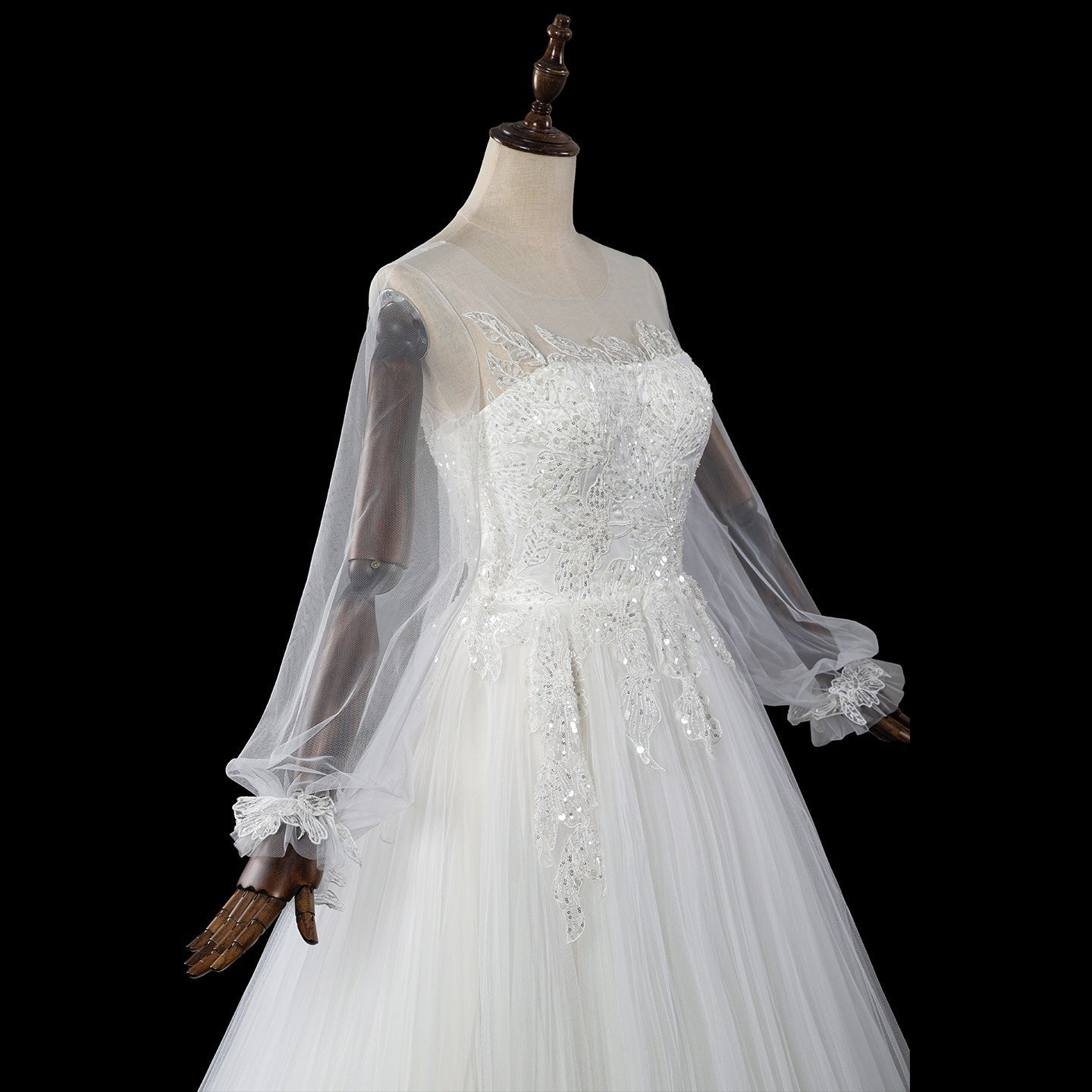 Luxury Illusion Neck Tulle Wedding Dress with Long Puff Sleeves and Lace Details SW713 Sheer Fairy