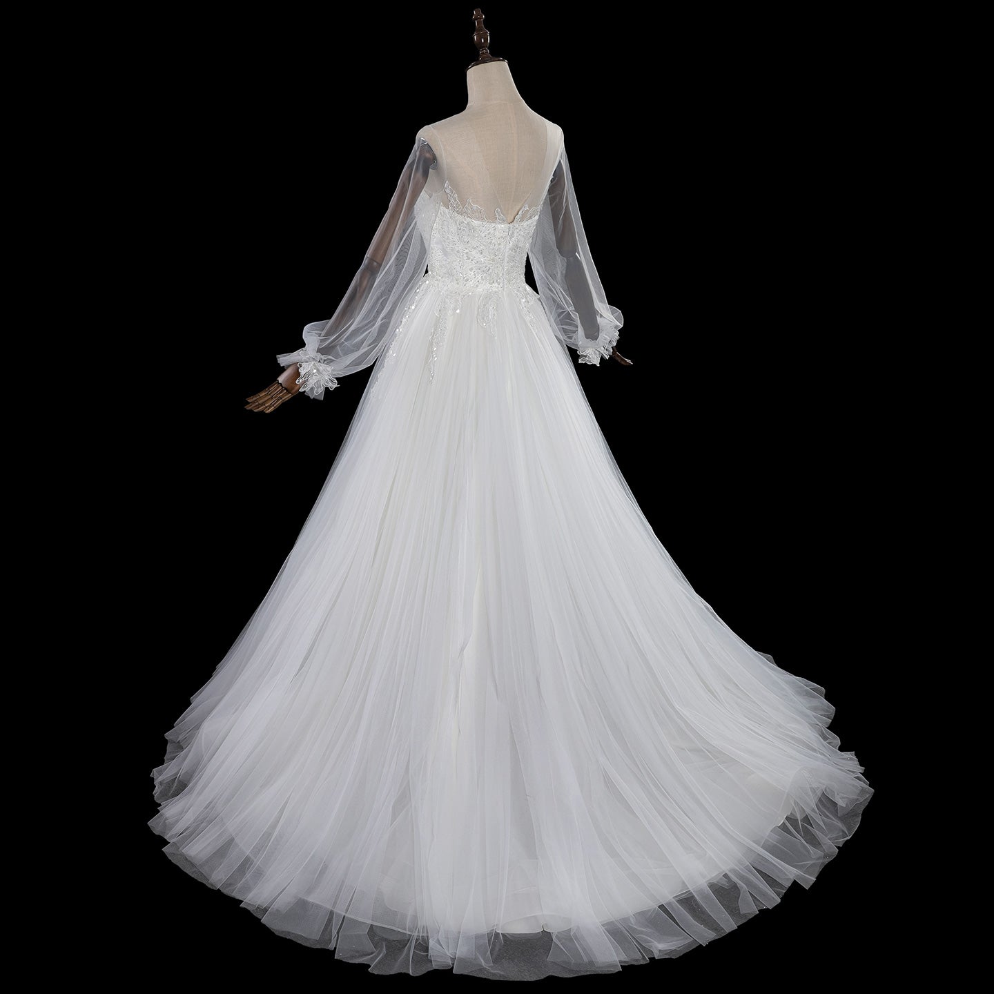 Luxury Illusion Neck Tulle Wedding Dress with Long Puff Sleeves and Lace Details SW713 Sheer Fairy