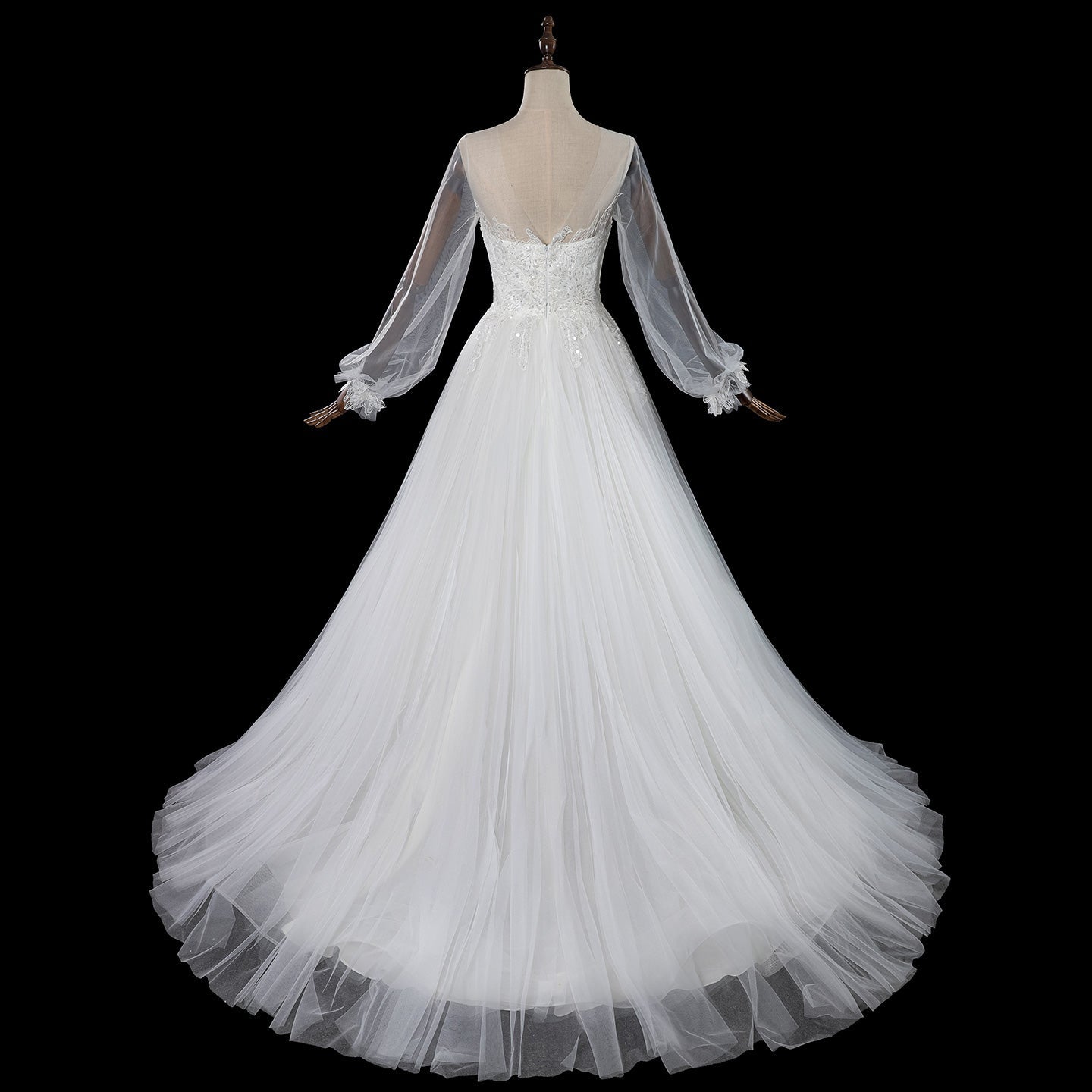 Luxury Illusion Neck Tulle Wedding Dress with Long Puff Sleeves and Lace Details SW713 Sheer Fairy