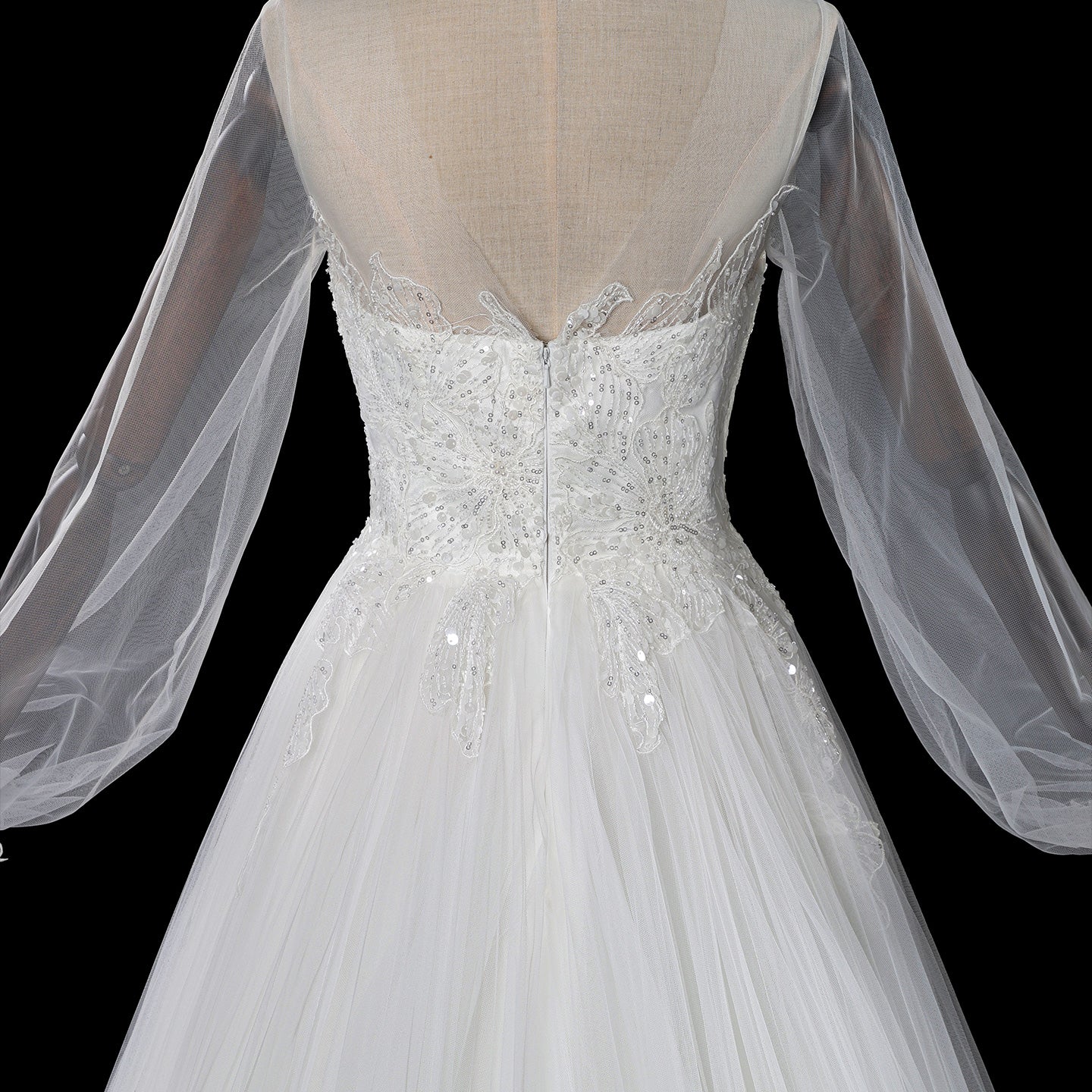 Luxury Illusion Neck Tulle Wedding Dress with Long Puff Sleeves and Lace Details SW713 Sheer Fairy
