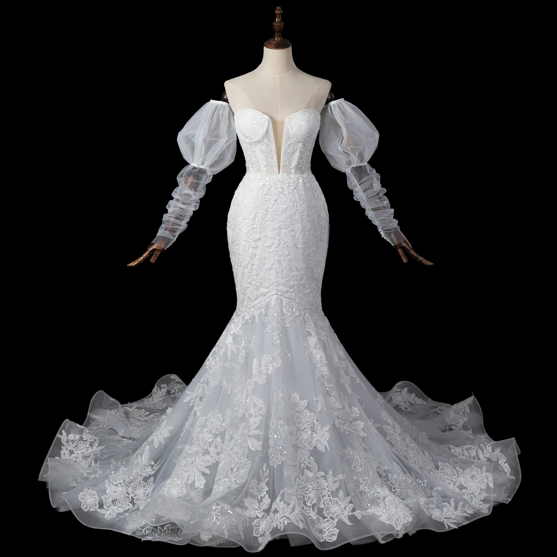 Luxury Illusion Neck Tulle Wedding Dress with Long Puff Sleeves and Lace Details SW713（副本） Sheer Fairy