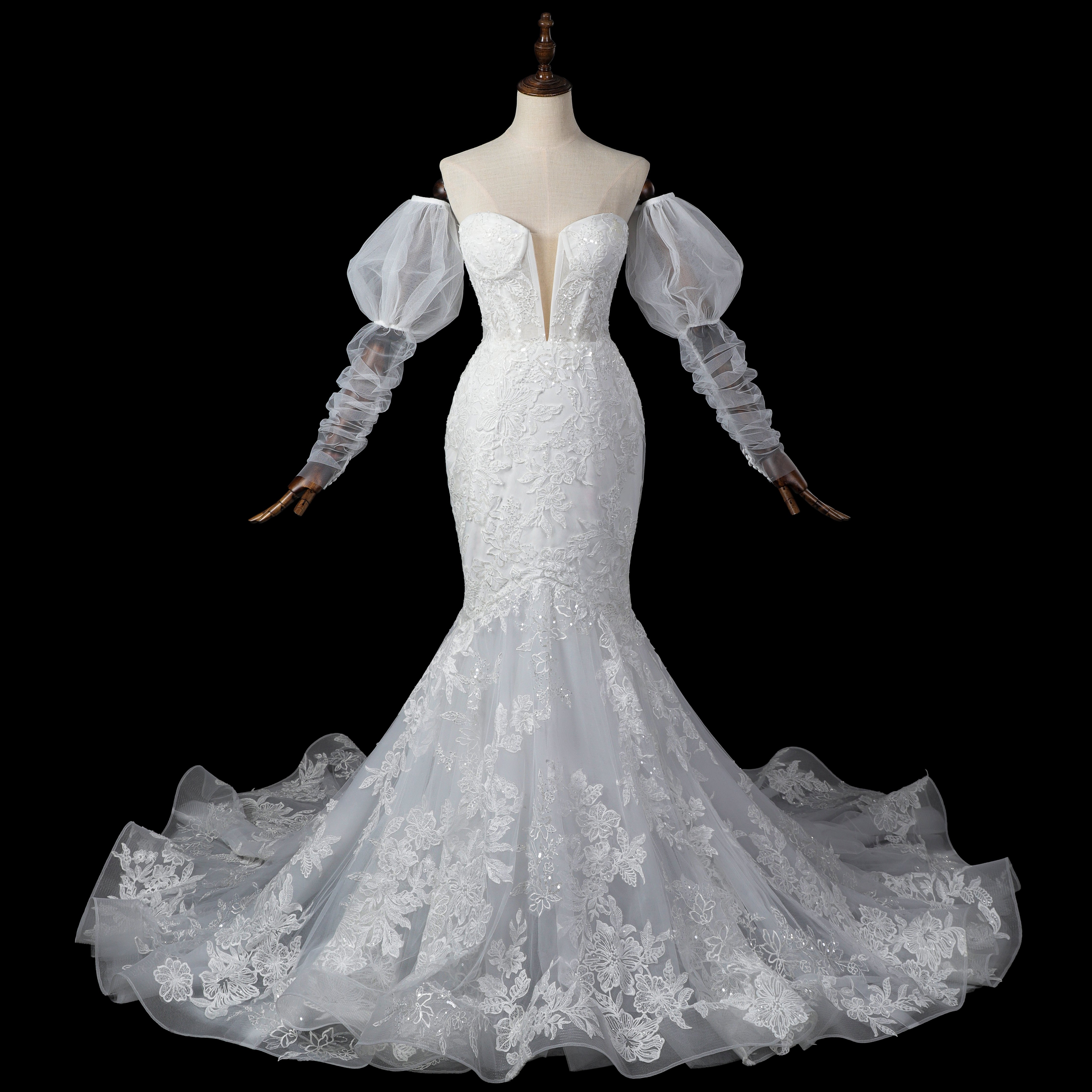 Luxury Illusion Neck Tulle Wedding Dress with Long Puff Sleeves and Lace Details SW713（副本） Sheer Fairy