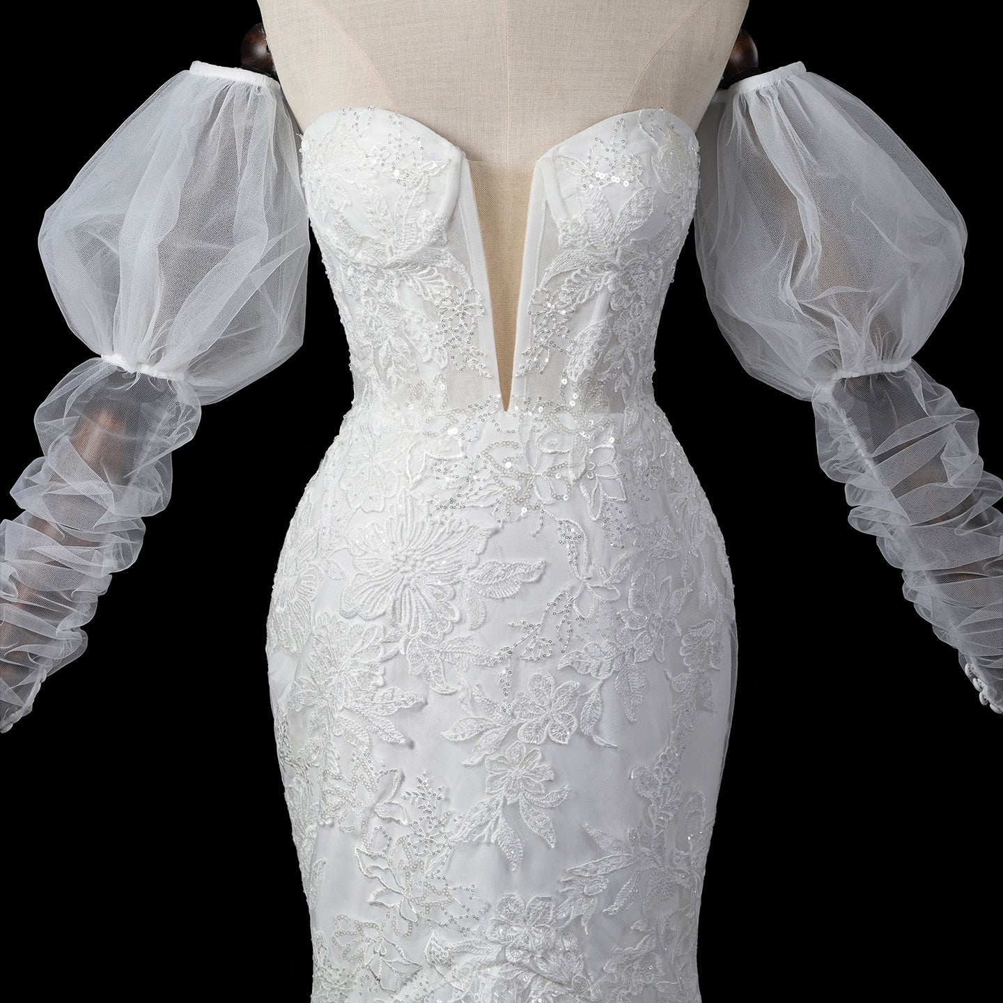 Luxury Illusion Neck Tulle Wedding Dress with Long Puff Sleeves and Lace Details SW713（副本） Sheer Fairy