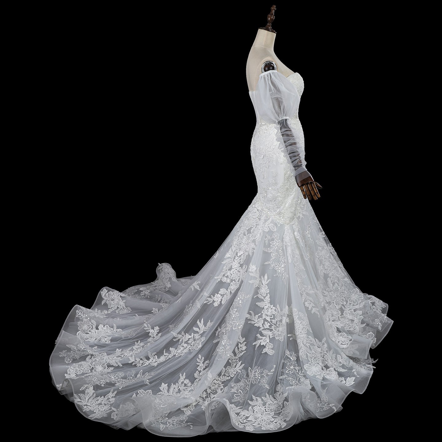 Luxury Illusion Neck Tulle Wedding Dress with Long Puff Sleeves and Lace Details SW713（副本） Sheer Fairy
