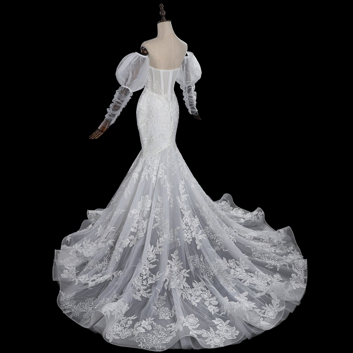 Luxury Illusion Neck Tulle Wedding Dress with Long Puff Sleeves and Lace Details SW713（副本） Sheer Fairy