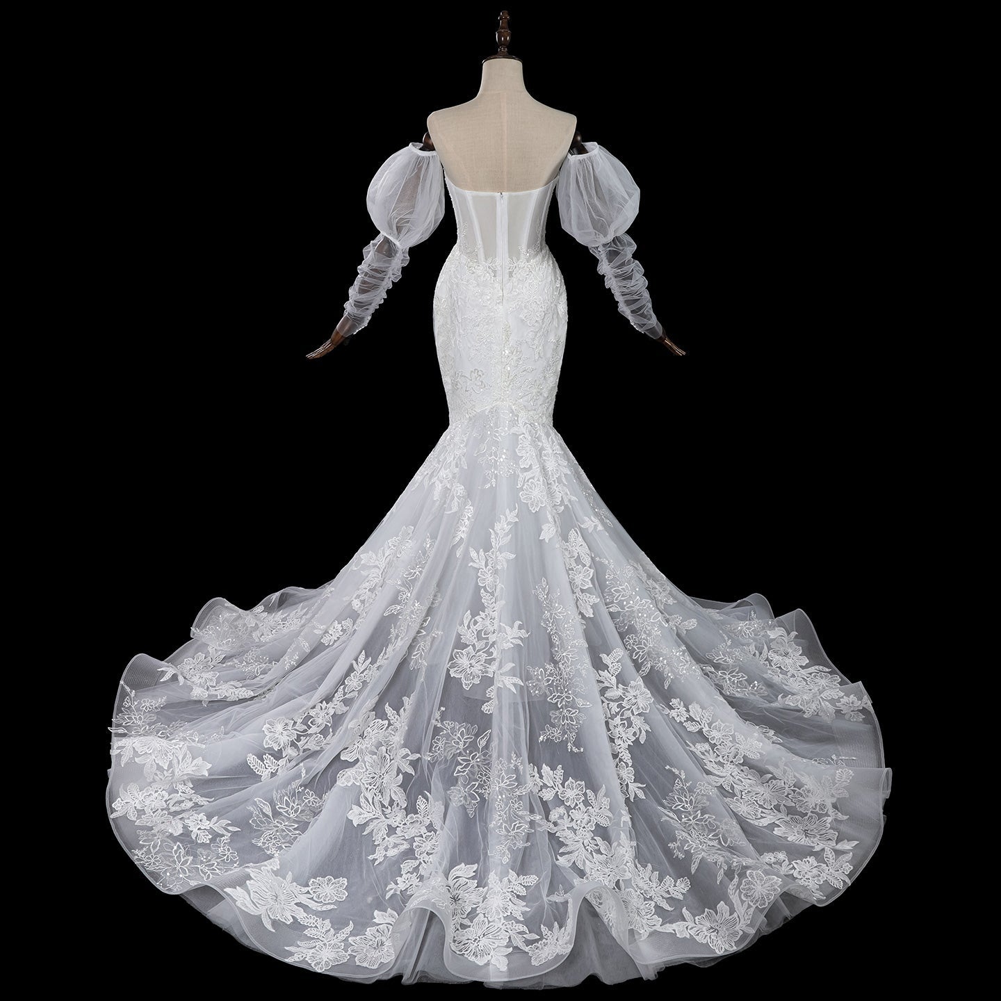 Luxury Illusion Neck Tulle Wedding Dress with Long Puff Sleeves and Lace Details SW713（副本） Sheer Fairy