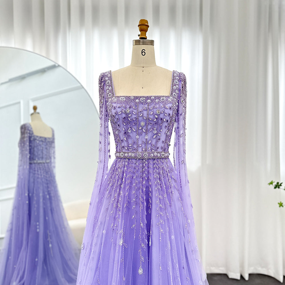 Luxury Caramel Beaded Cape Sleeve A-Line Evening Gown with Square Neck SS494 Sheer Fairy