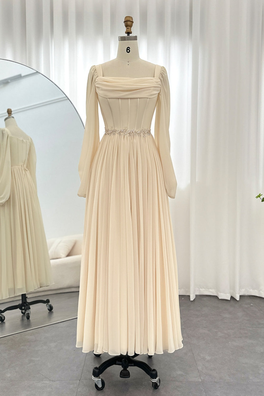 Elegant Beige Long Sleeves Short Evening Dress SF267 Sheer Fairy