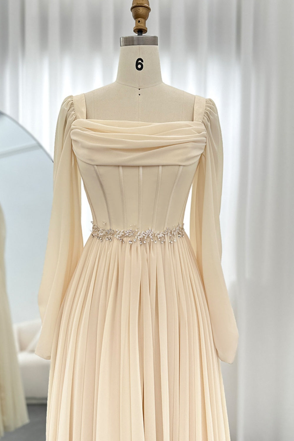 Elegant Beige Long Sleeves Short Evening Dress SF267 Sheer Fairy