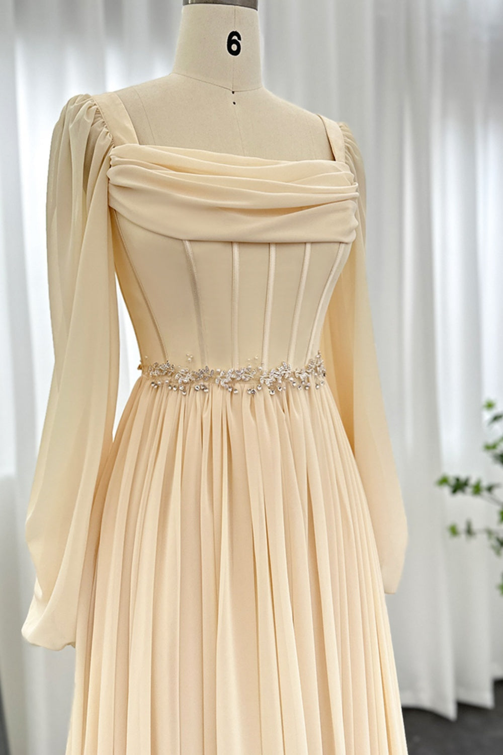 Elegant Beige Long Sleeves Short Evening Dress SF267 Sheer Fairy