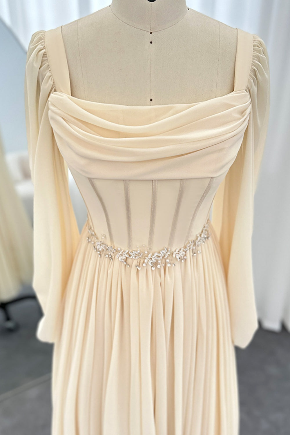 Elegant Beige Long Sleeves Short Evening Dress SF267 Sheer Fairy